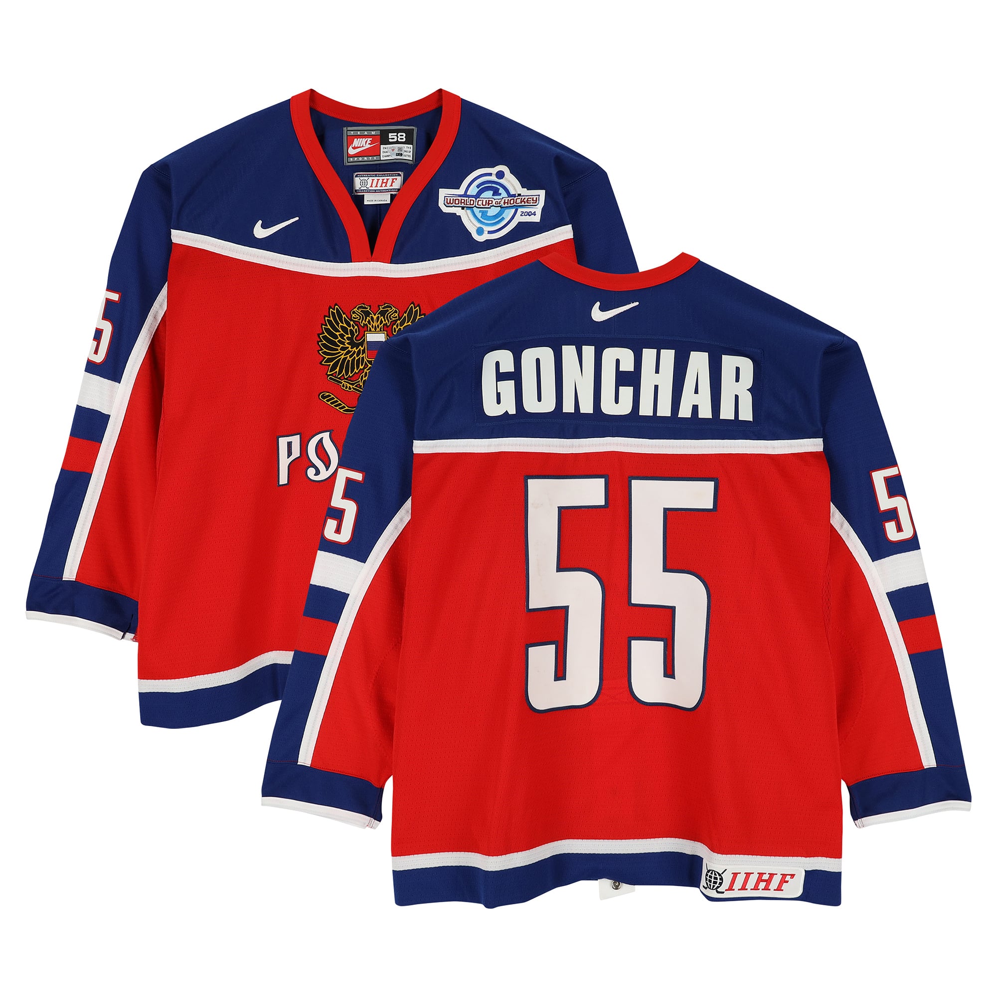 Sergei Gonchar Team Russia Game-Used #55 Red Nike Jersey vs. Team Slovakia on September 5 during the 2004 World Cup of Hockey