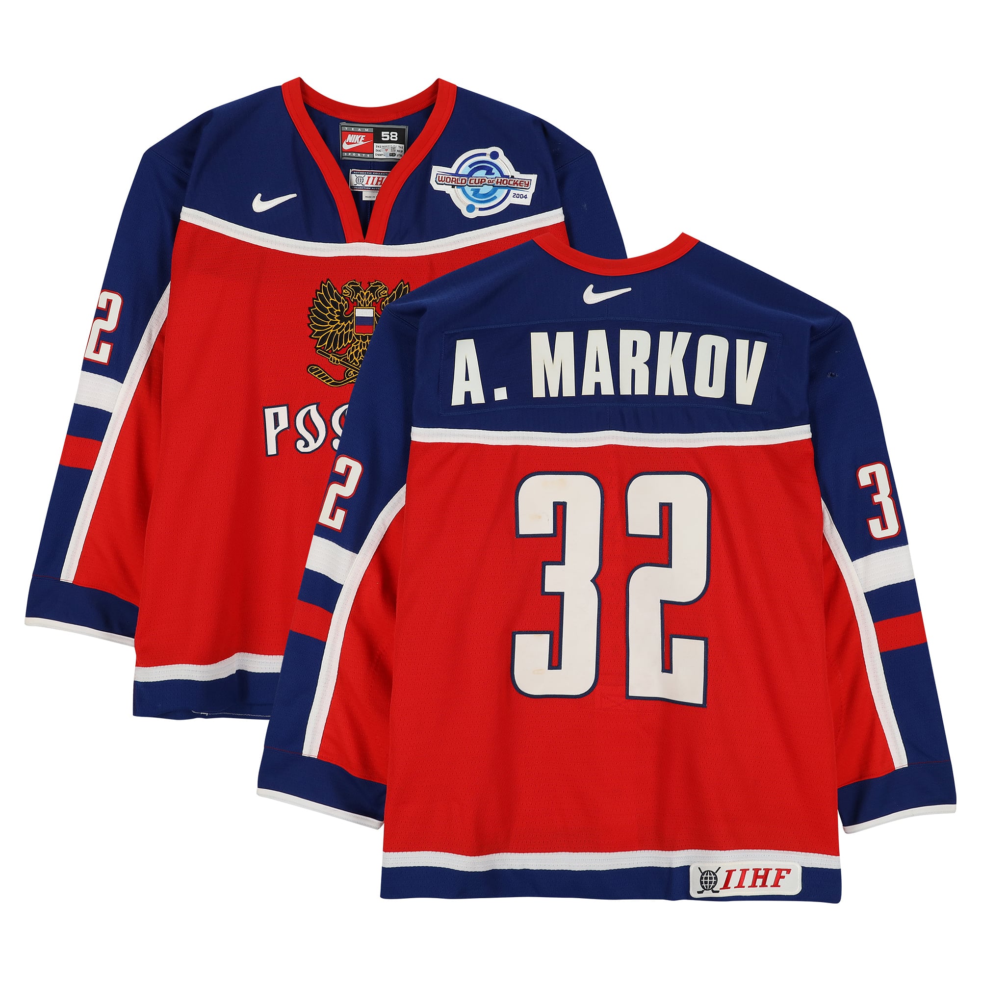 Andrei Markov Team Russia Game-Used #32 Red Nike Jersey vs. Team Slovakia on September 5 during the 2004 World Cup of Hockey