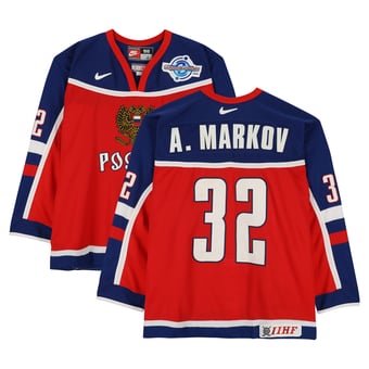Andrei Markov Team Russia Game-Used #32 Red Nike Jersey vs. Team Slovakia on September 5 during the 2004 World Cup of Hockey