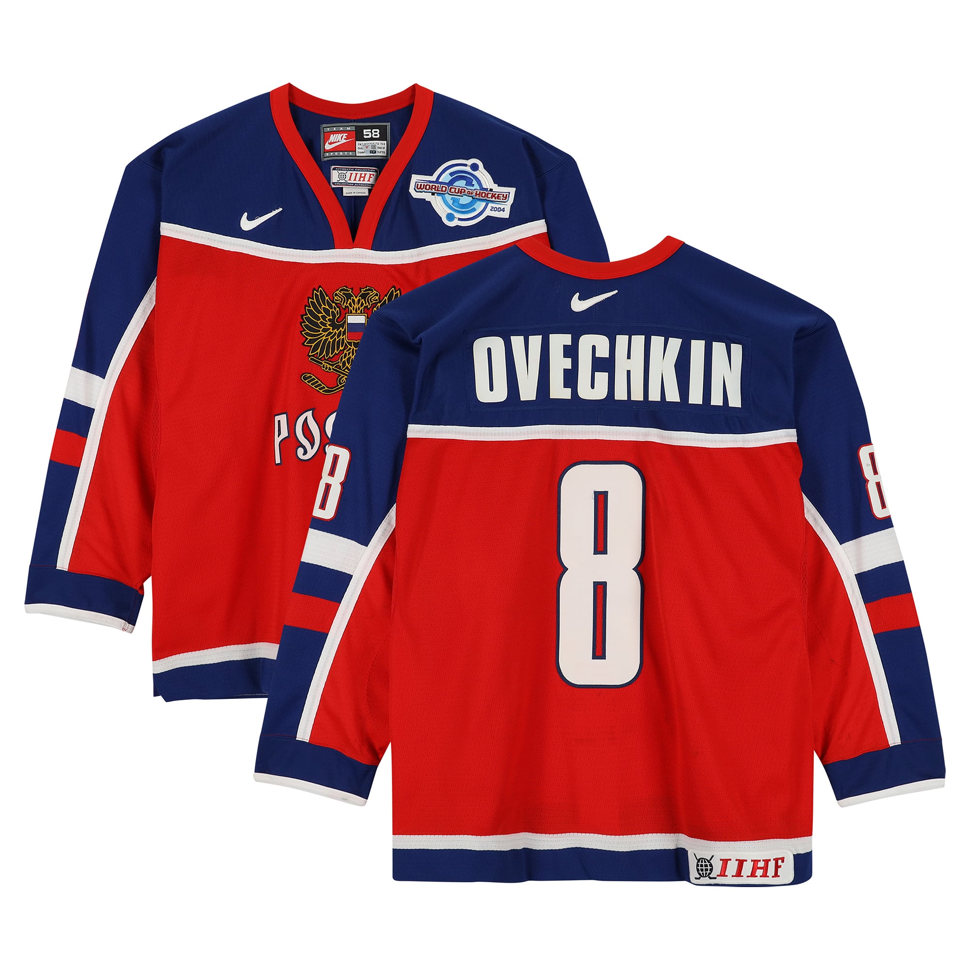 Alexander Ovechkin Team Russia Game-Used #8 Red Nike Jersey vs. Team Slovakia on September 5 during the 2004 World Cup of Hockey