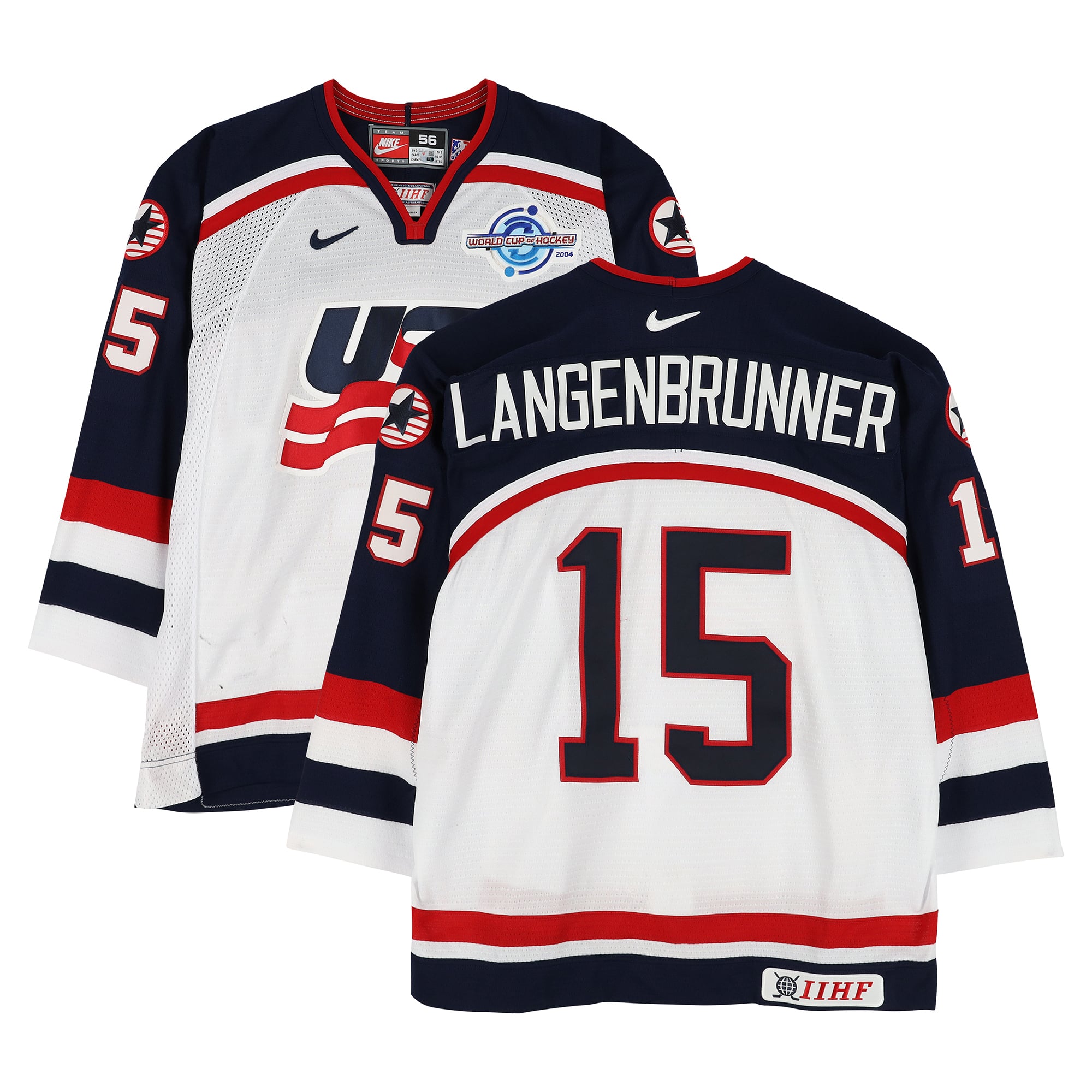 Jamie Langenbrunner Team USA Game-Used #15 White Nike Jersey from the 2004 World Cup of Hockey