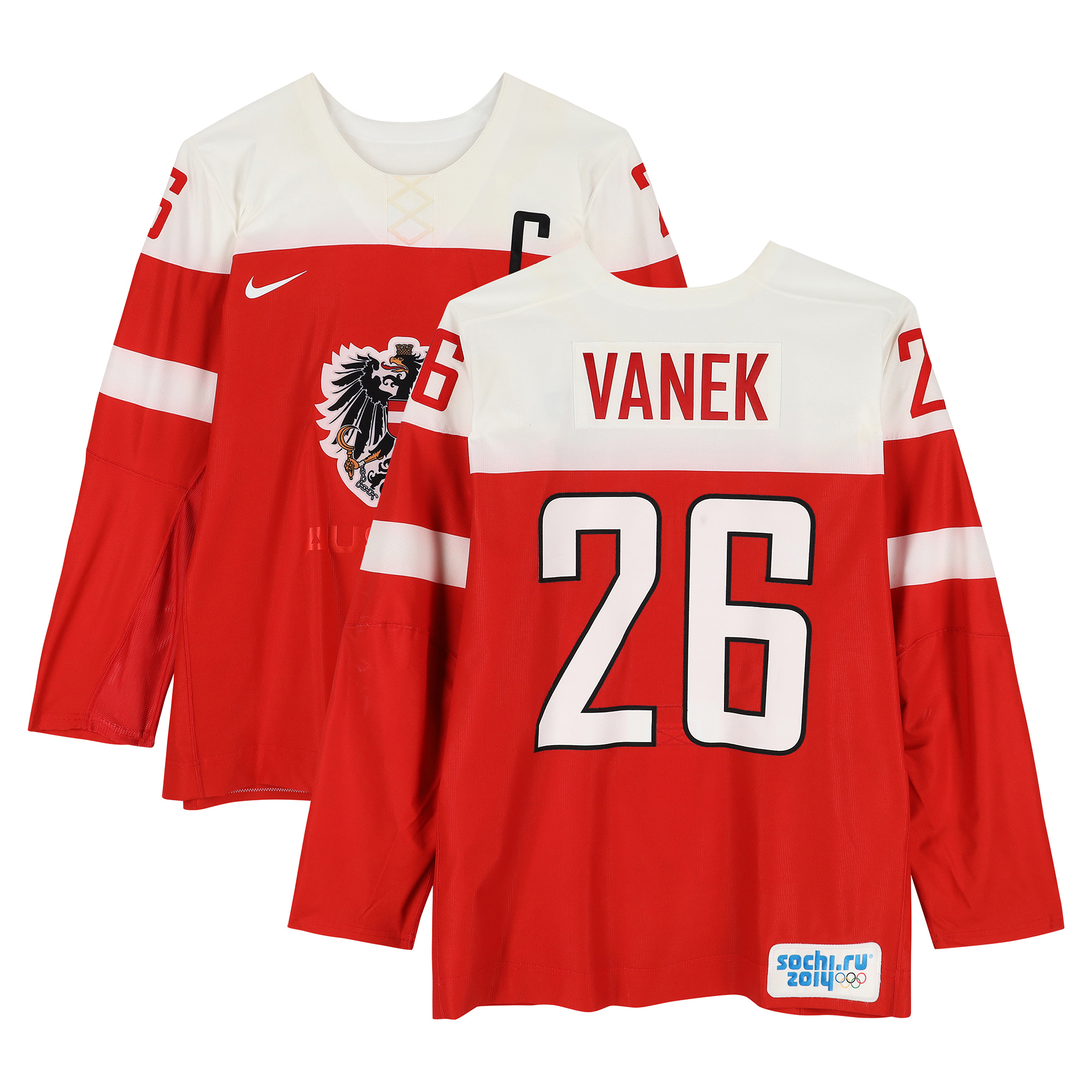 Thomas Vanek Team Austria Game-Used #26 Red Nike Jersey vs. Team Finland on February 13 during the 2014 Olympic Games