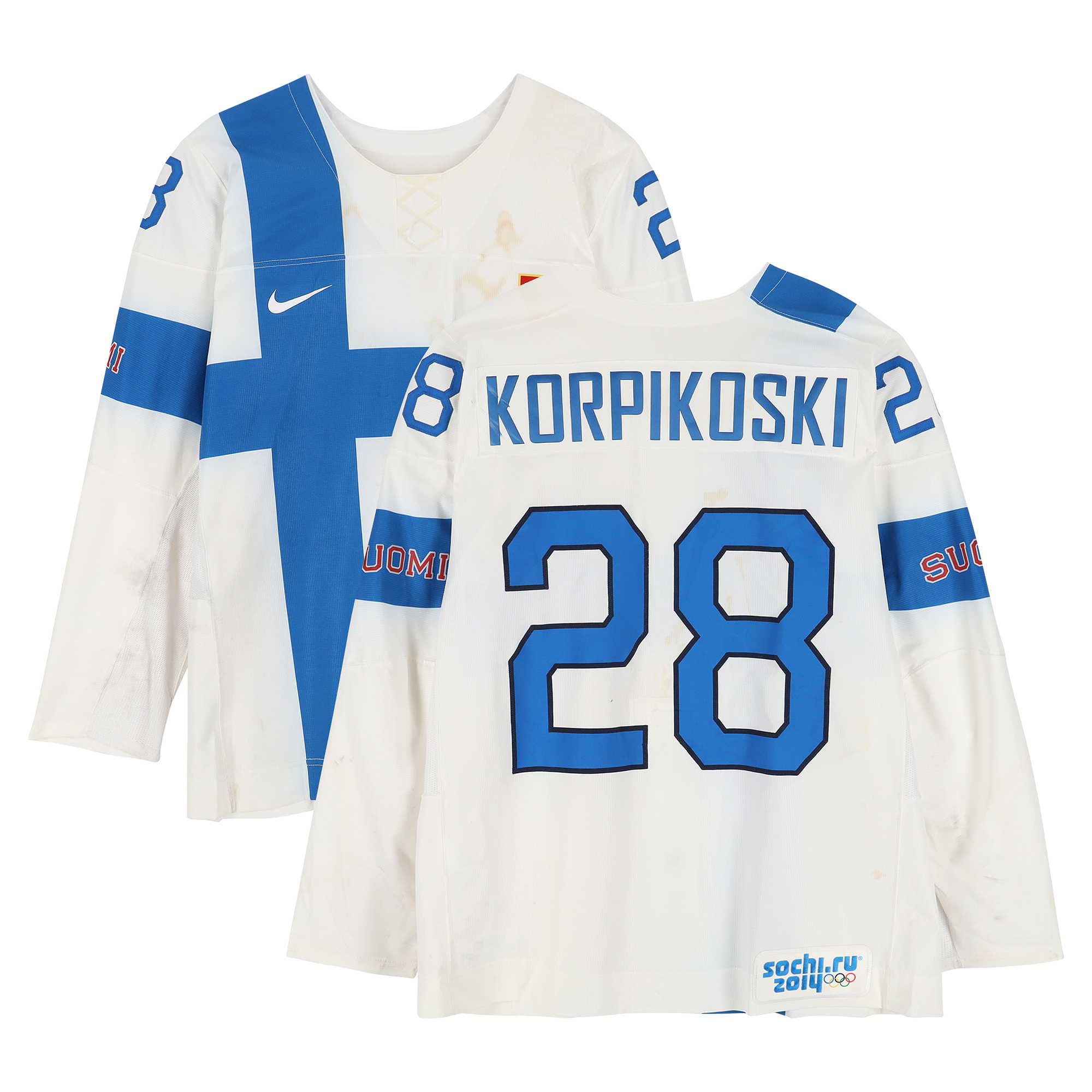 Lauri Korpikoski Team Finland Game-Used #28 White Nike Jersey vs. Team Austria on February 13 during the 2014 Olympic Games