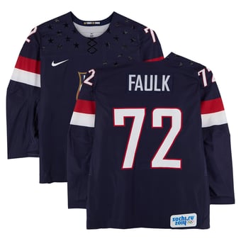 Justin Faulk Team USA Game-Used #72 Navy Nike Jersey vs. Team Russia on February 15 during the 2014 Olympic Games - Worn During the First Period