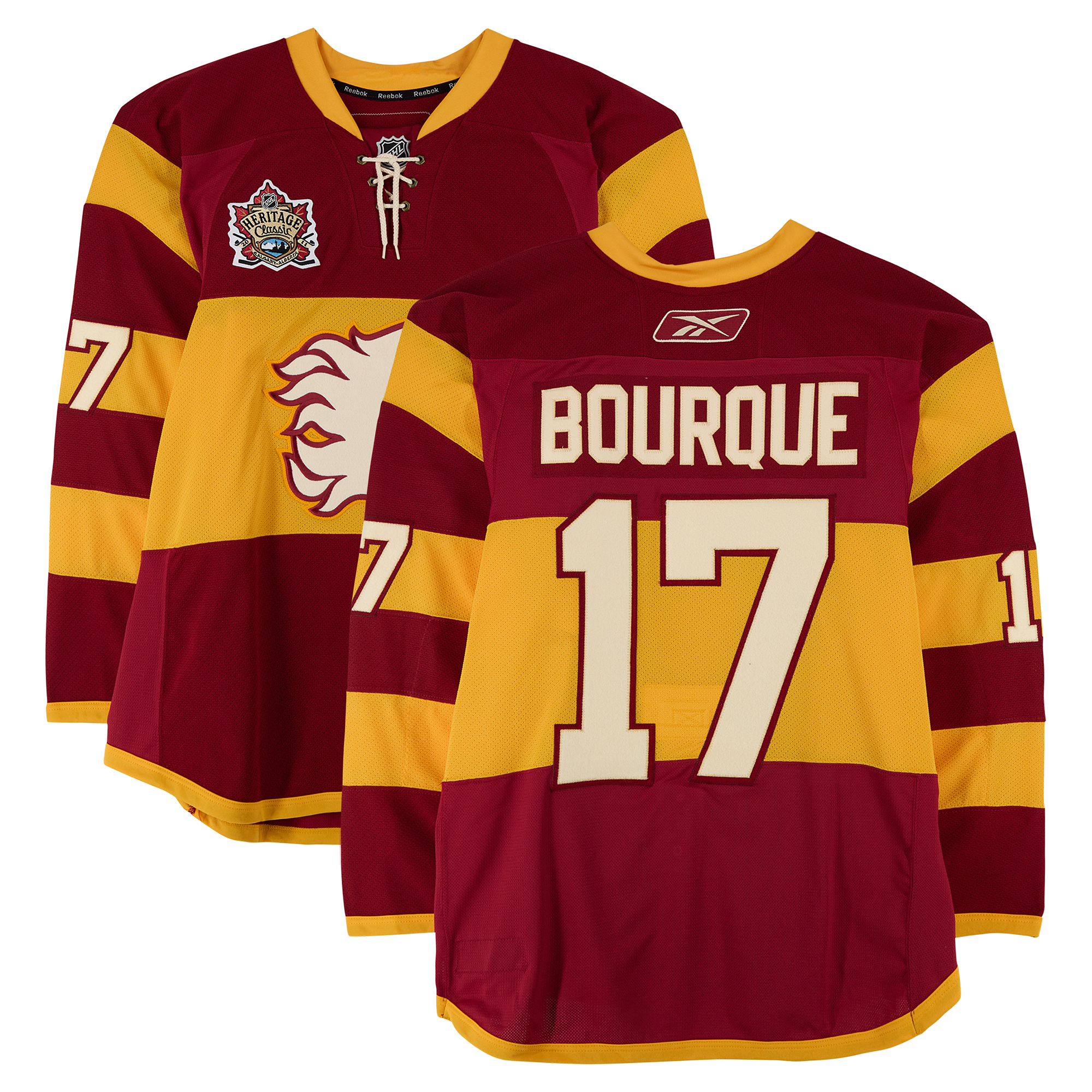 Rene Bourque Calgary Flames Practice-Used #17 Yellow Jersey vs. Montreal Canadiens on February 20, 2011
