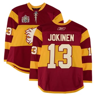 Olli Jokinen Calgary Flames Practice-Used #13 Yellow Jersey vs. Montreal Canadiens on February 20, 2011