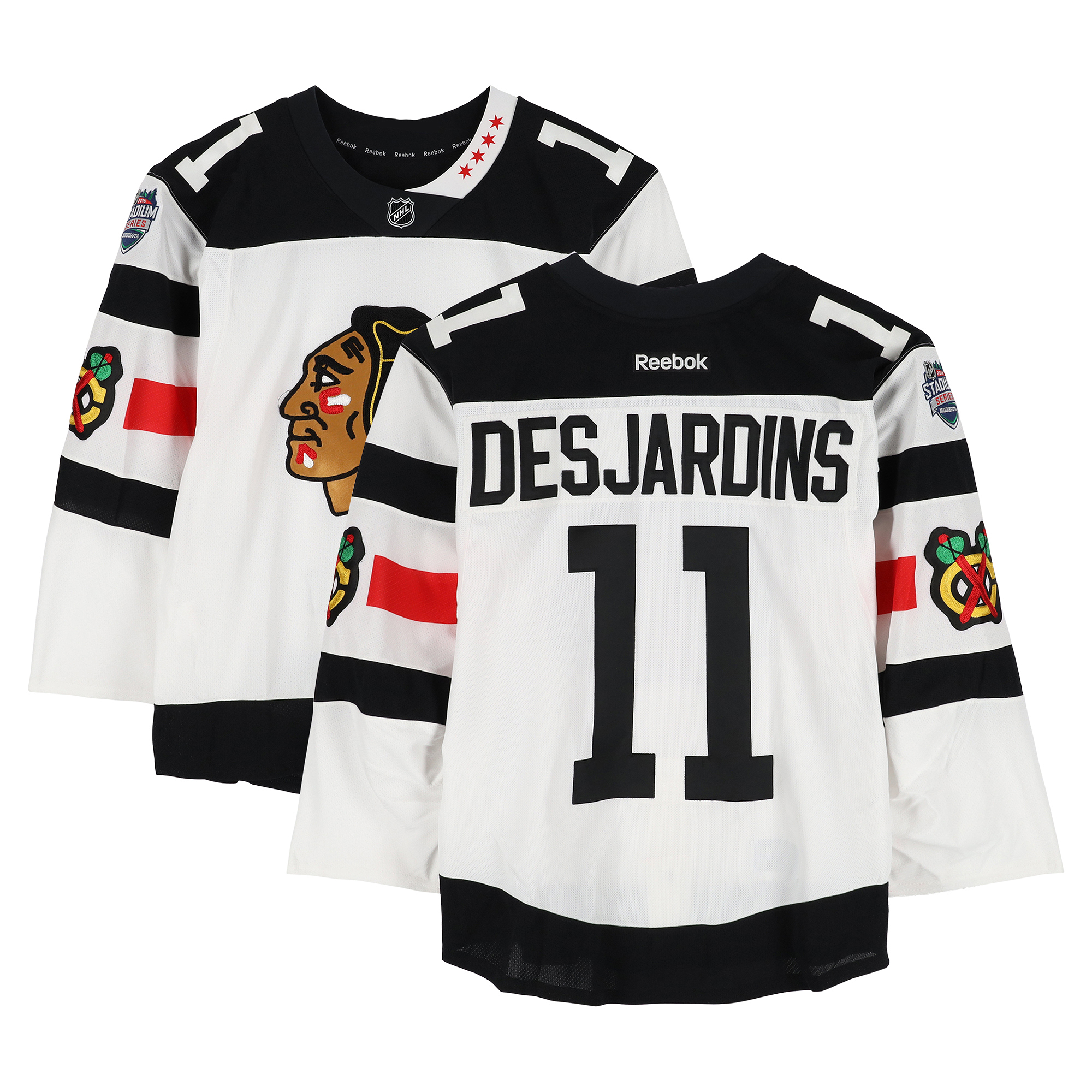 Andrew Desjardins Chicago Blackhawks Practice-Used #11 White Jersey vs. Minnesota Wild on February 21, 2016