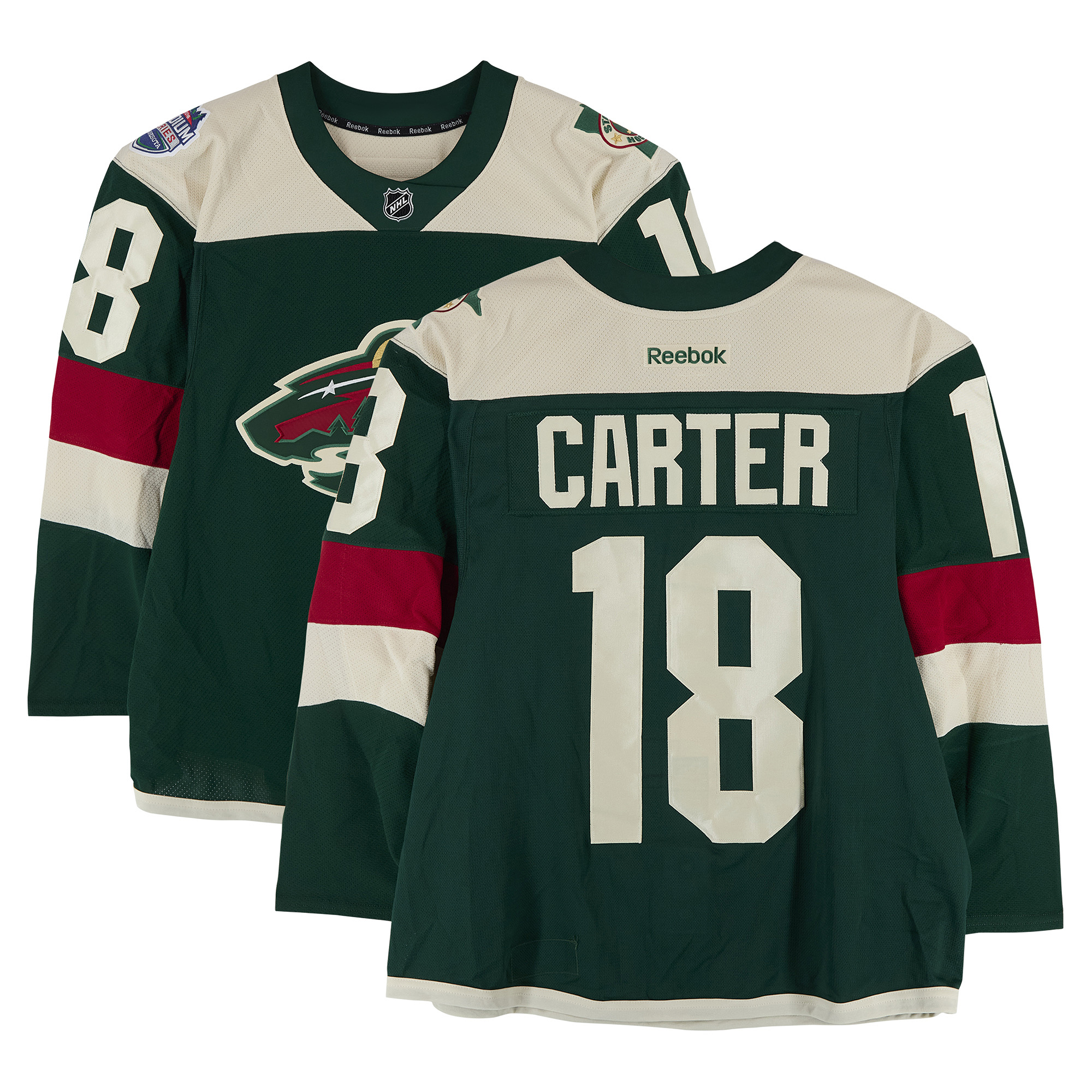 Ryan Carter Minnesota Wild Practice-Used #18 Green Jersey vs. Chicago Blackhawks on February 21, 2016