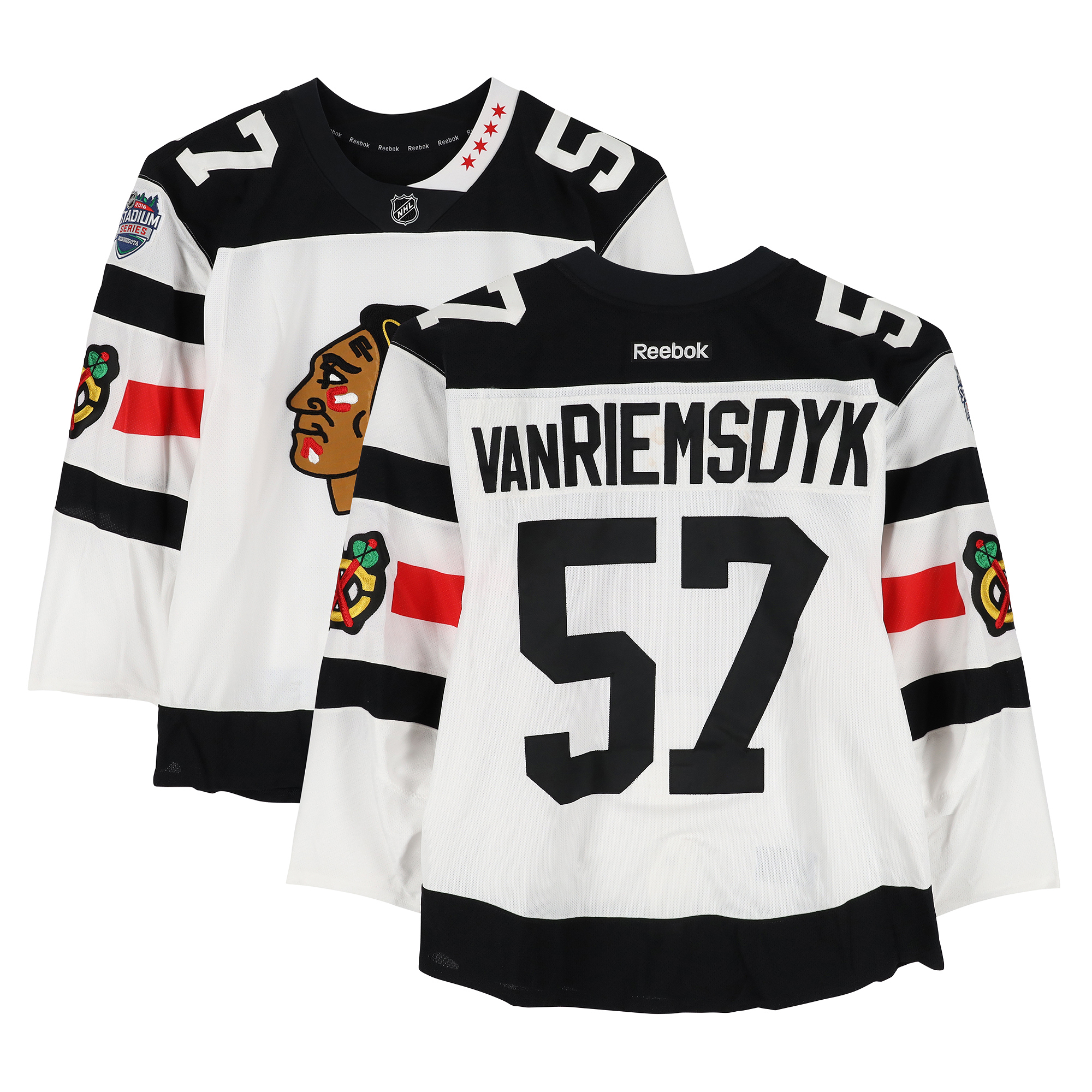 Trevor van Riemsdyk Chicago Blackhawks Practice-Used #57 White Jersey vs. Minnesota Wild on February 21, 2016