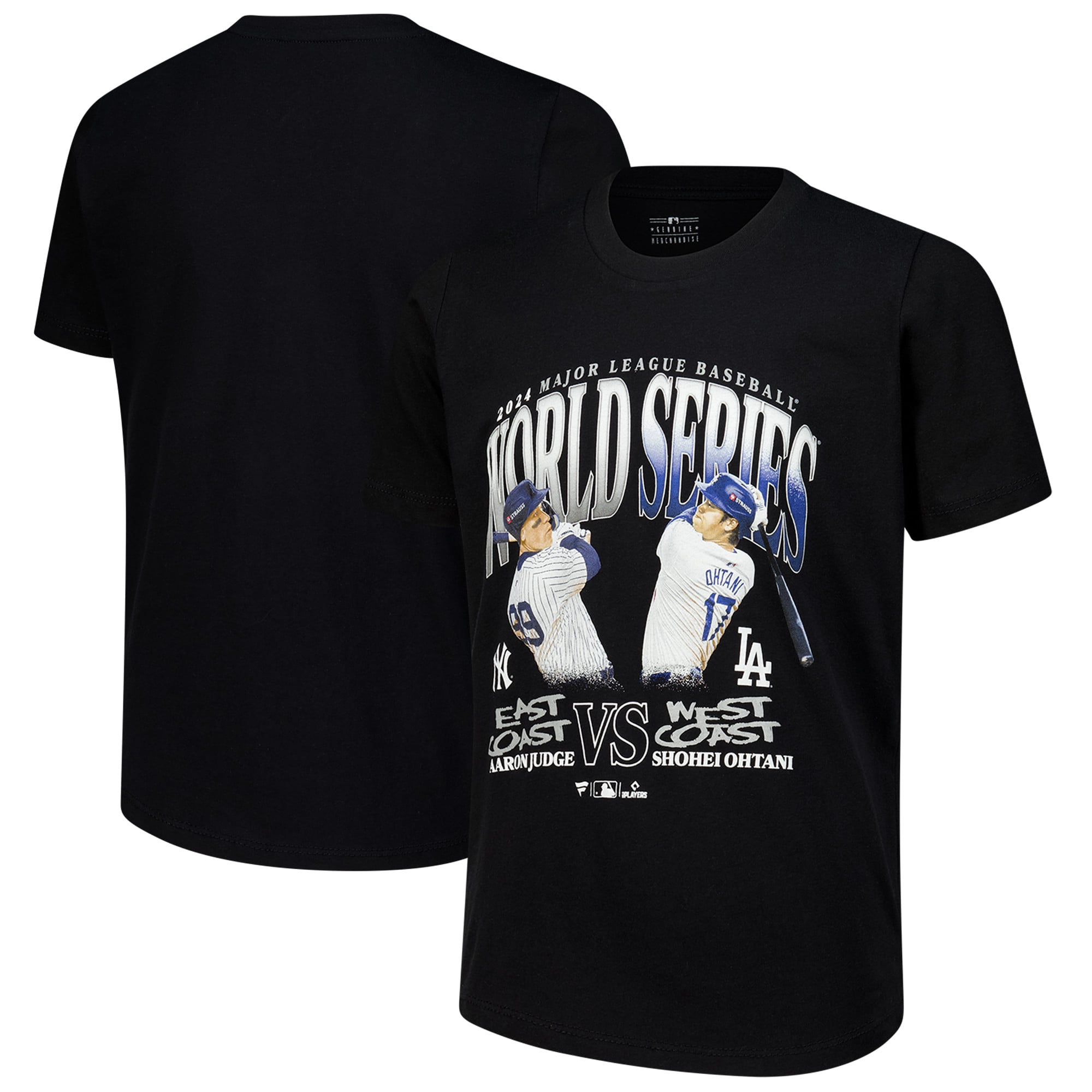 Youth Black New York Yankees & Aaron Judge vs. Los Angeles Dodgers & Shohei Ohtani 2024 World Series Matchup T-Shirt: retailer-supplied image