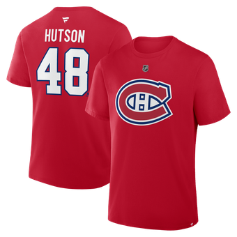 Men's Fanatics Lane Hutson Red Montreal Canadiens Authentic Stack Name & Number T-Shirt