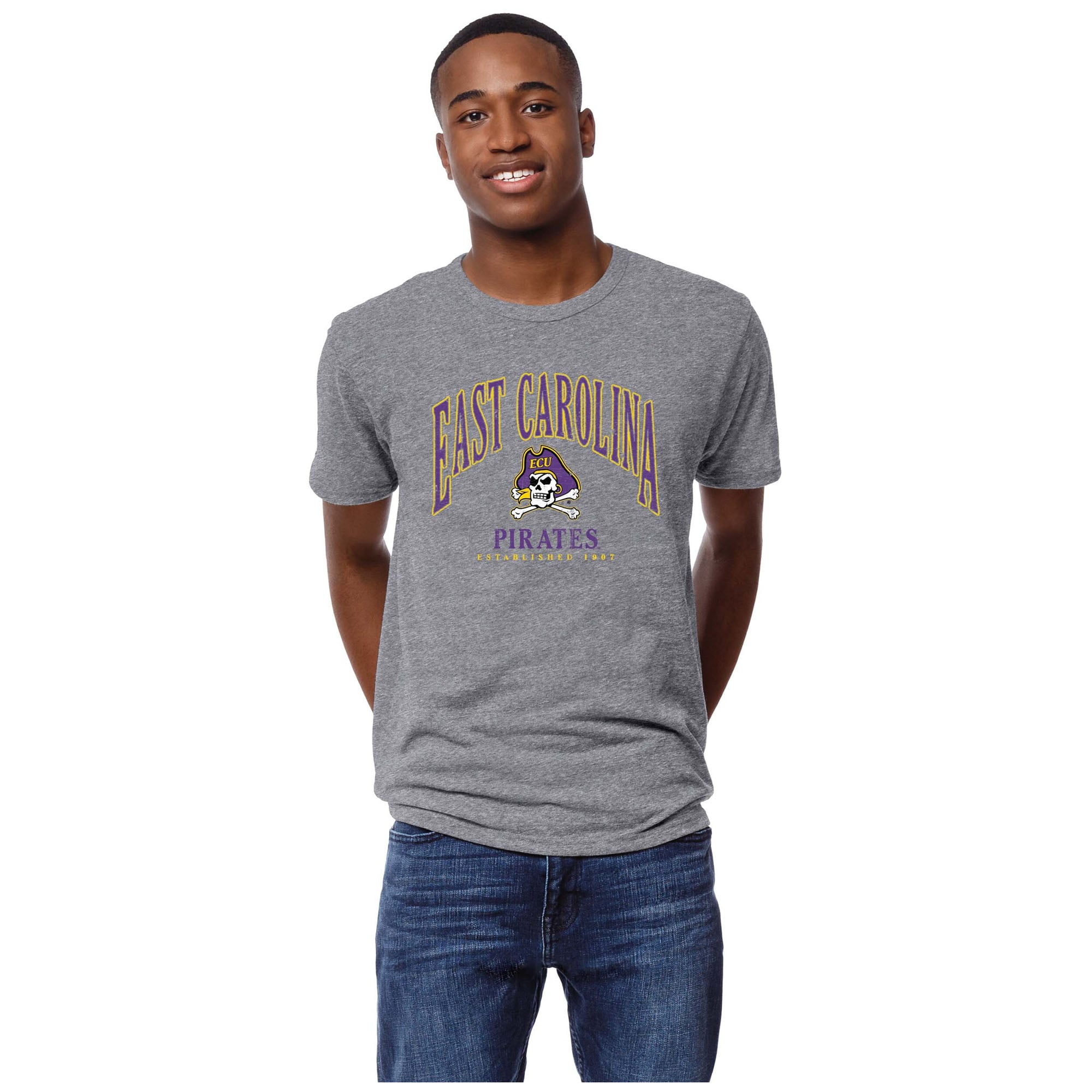 Men's League Collegiate Wear Heather Gray ECU Pirates Victory Falls Tri-Blend T-Shirt