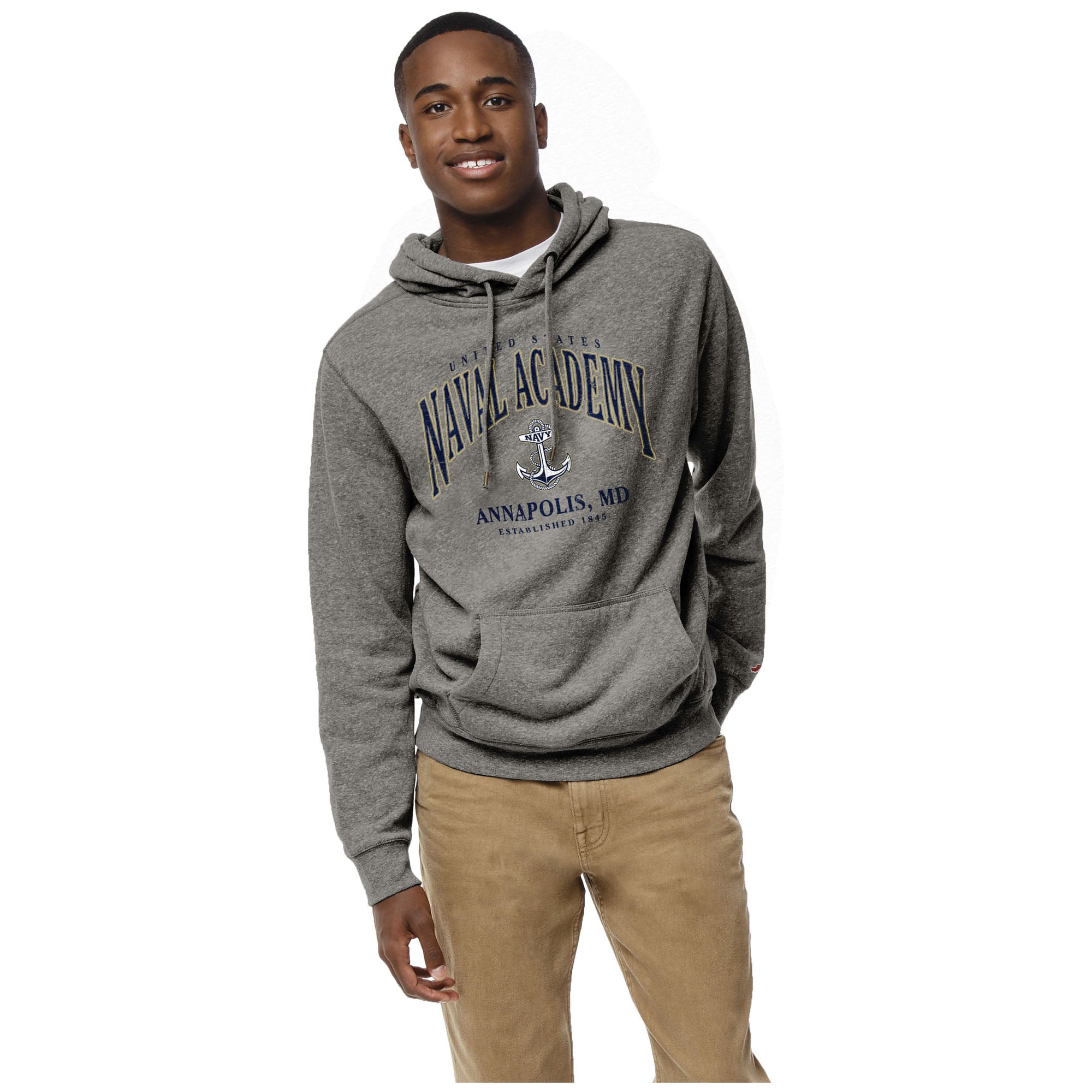 Men's League Collegiate Wear Heather Gray Navy Midshipmen Heritage Tri-Blend Pullover Hoodie