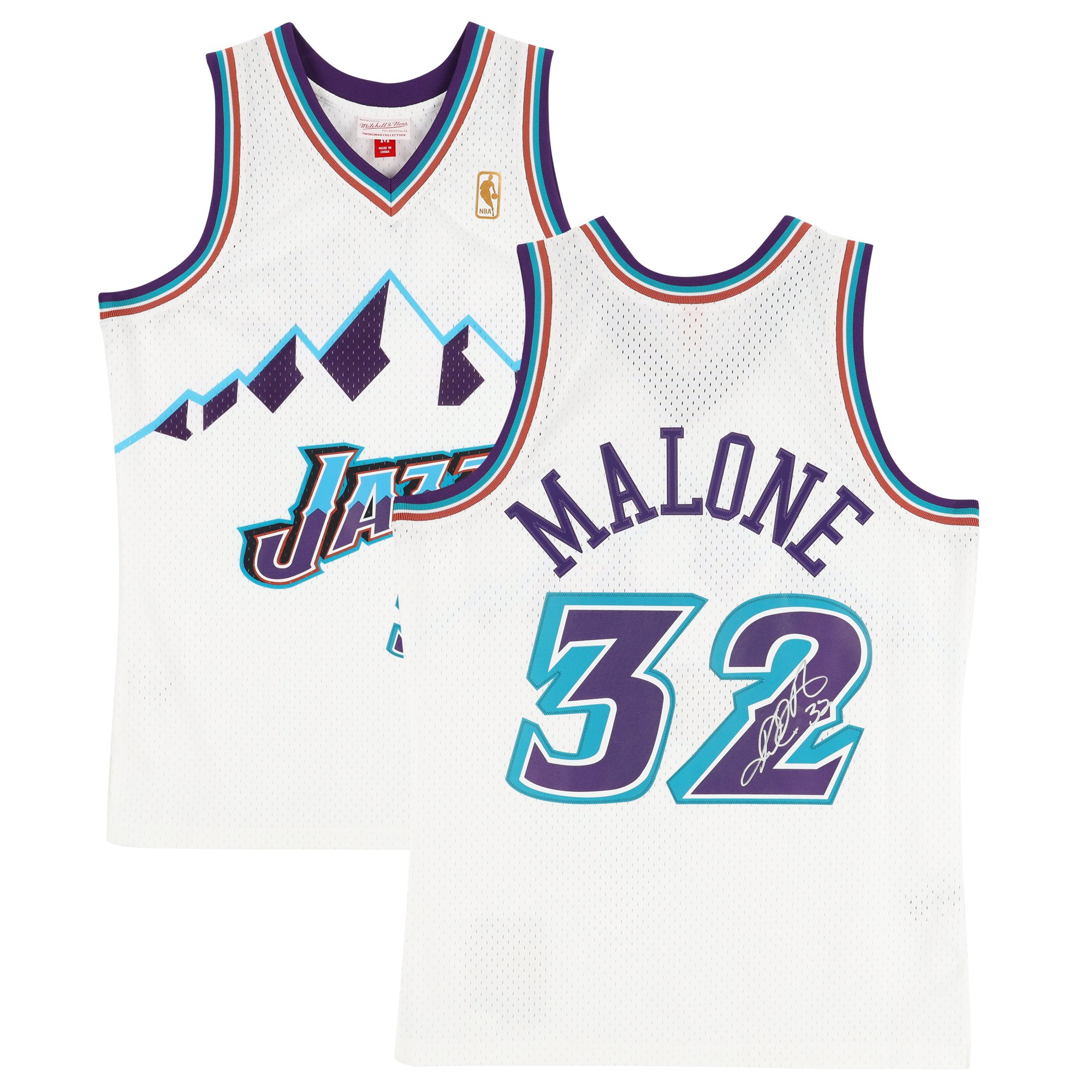 Camiseta Swingman Blanca 1996 Autografiada de Karl Malone de Mitchell & Ness del Utah Jazz