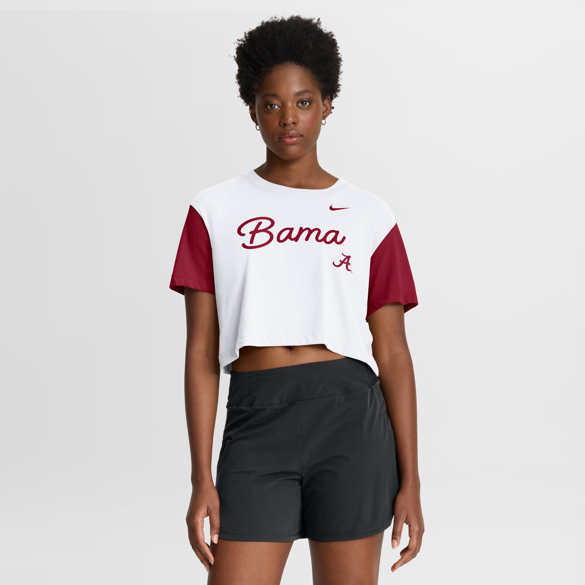 Women's Nike White/Crimson Alabama Crimson Tide Color-Block Script Dri-FIT Cropped T-Shirt