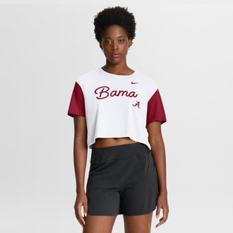 Women's Nike White/Crimson Alabama Crimson Tide Color-Block Script Dri-FIT Cropped T-Shirt