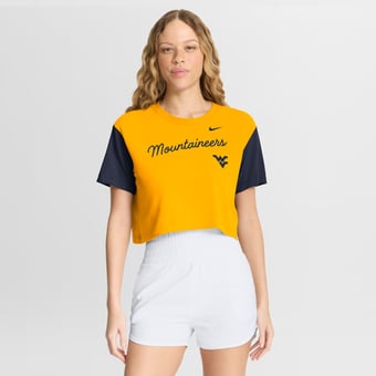 Women's Nike Gold/Navy West Virginia Mountaineers Color-Block Script Dri-FIT Cropped T-Shirt