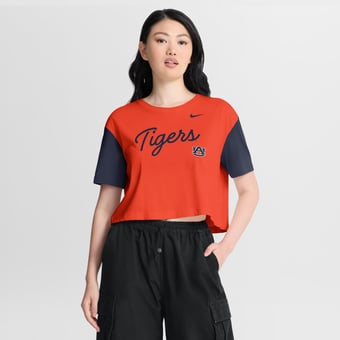 Women's Nike Orange/Navy Auburn Tigers Color-Block Script Dri-FIT Cropped T-Shirt