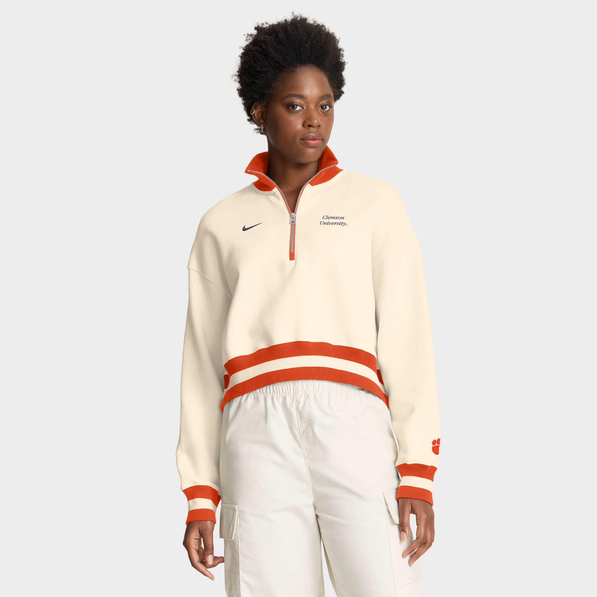 Women's Nike Cream Clemson Tigers Oversized Legacy Cropped Half-Zip Sweatshirt