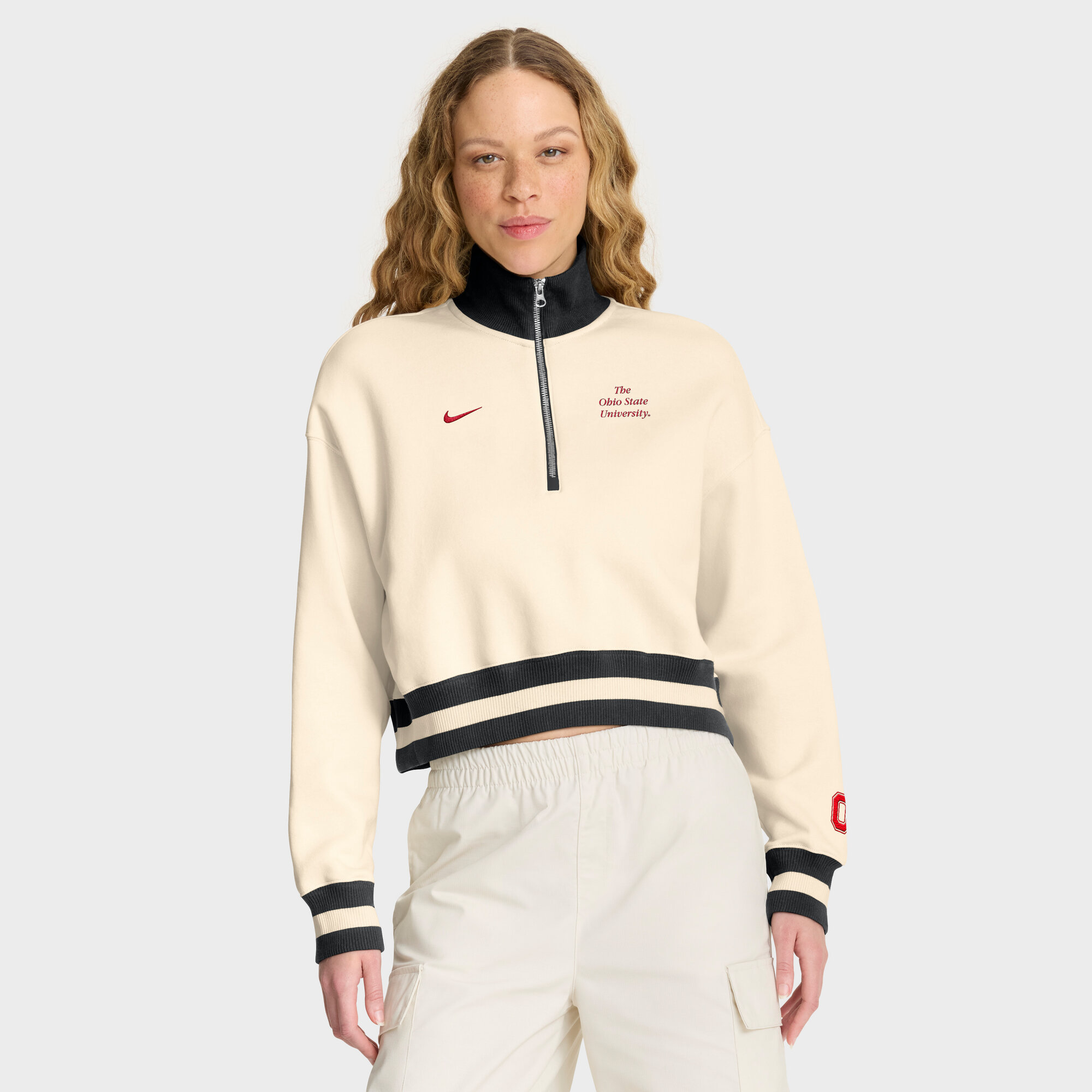 Women's Nike Cream Ohio State Buckeyes Oversized Legacy Cropped Half-Zip Sweatshirt