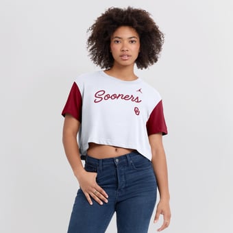 Women's Jordan Brand  White/Crimson Oklahoma Sooners Color-Block Script Dri-FIT Cropped T-Shirt