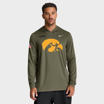 Men's Nike Olive Iowa Hawkeyes 2025 Military Appreciation Dri-FIT Long Sleeve Hoodie T-Shirt