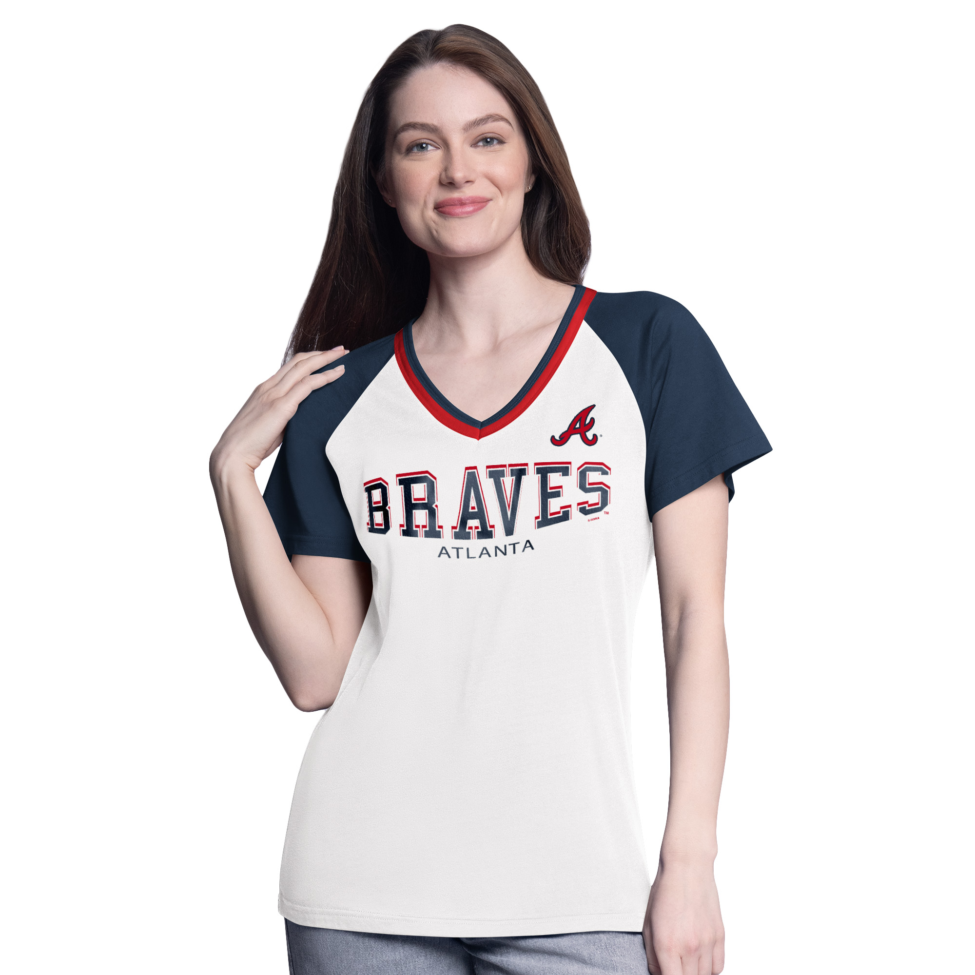 Women’s G-III 4Her by Carl Banks White/Navy Atlanta Braves Ball Park Raglan V-Neck T-Shirt Women’s G-III 4Her by Carl Banks White/Navy Atlanta Braves Ball Park Raglan V-Neck T-Shirt