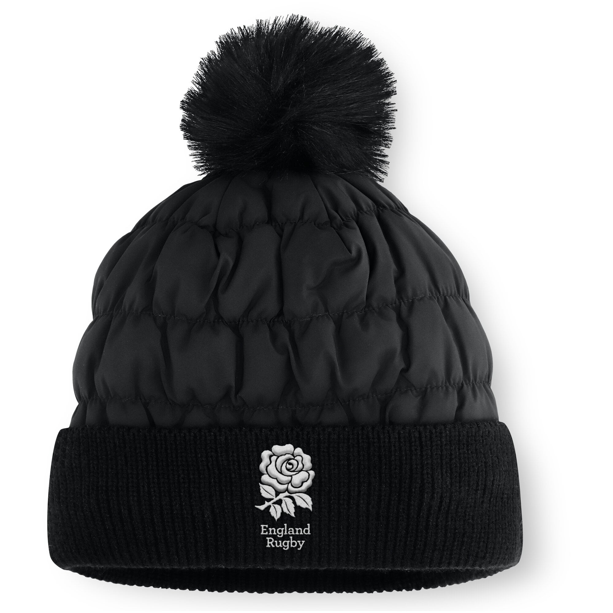 England Rugby Apex Cuff Pom Fleece Lined Beanie - Black - Womens: retailer-supplied image