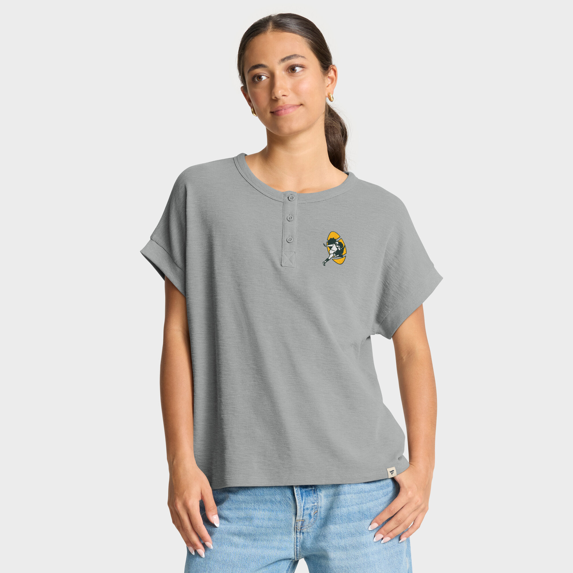 Women's Fanatics Heather Gray Green Bay Packers Oversized Hometown Premium Henley Shirt