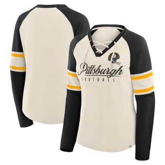 Women's Fanatics Cream/Black Pittsburgh Steelers Hometown Gridiron Hero Raglan Lace-Up V-Neck Long Sleeve T-Shirt