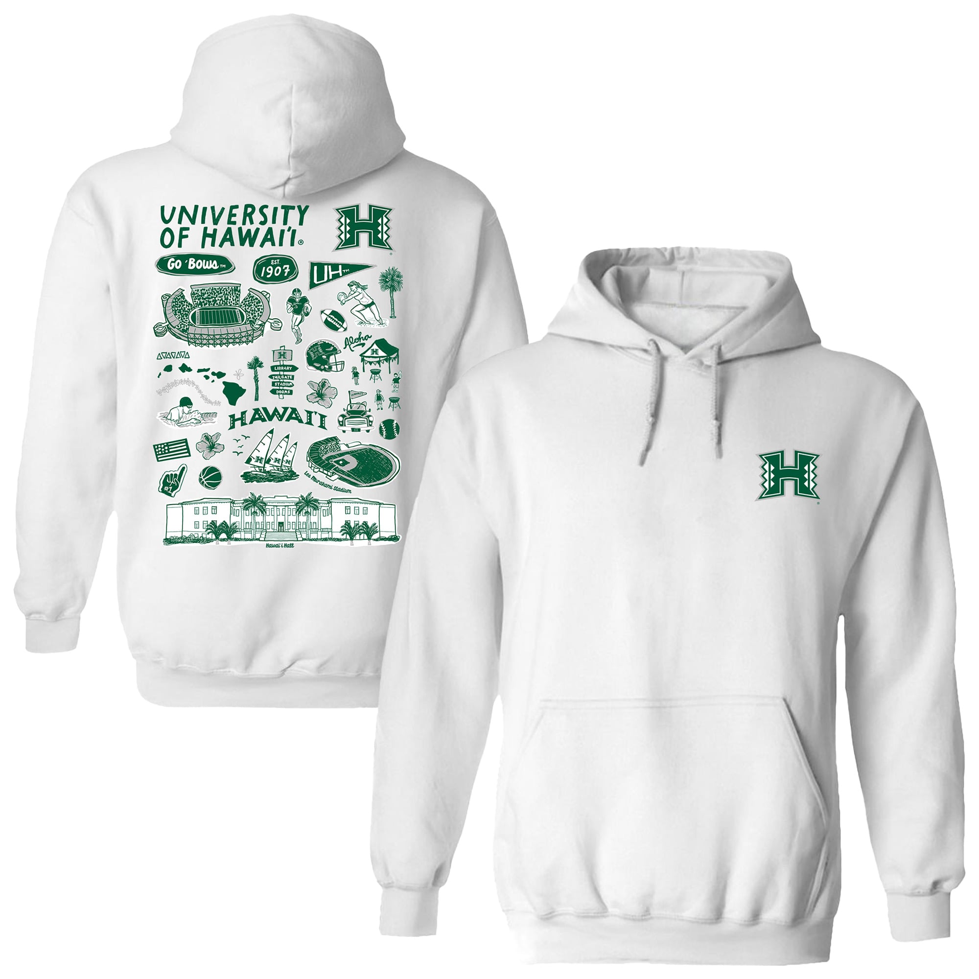 Women's Vive La Fete  White Hawaii Rainbow Warriors Impressions Artwork Pullover Hoodie