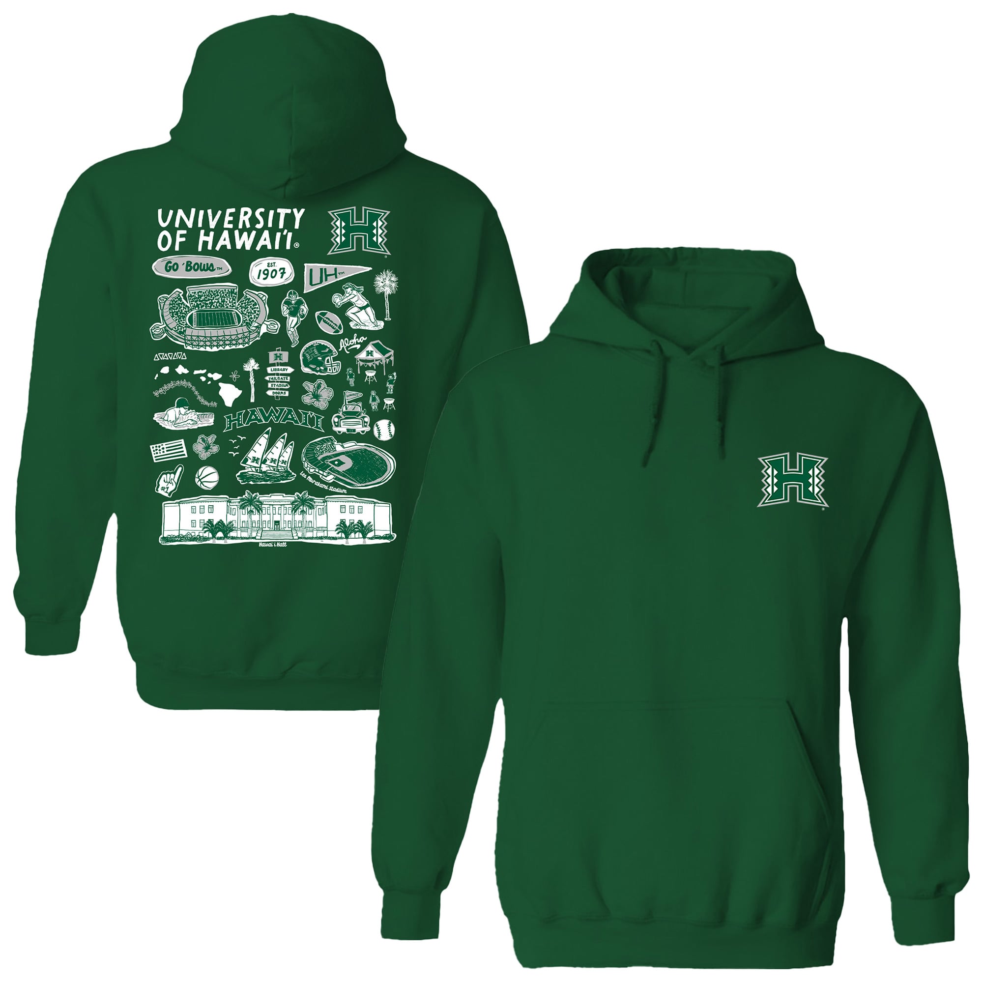 Women's Vive La Fete  Green Hawaii Rainbow Warriors Impressions Artwork Pullover Hoodie