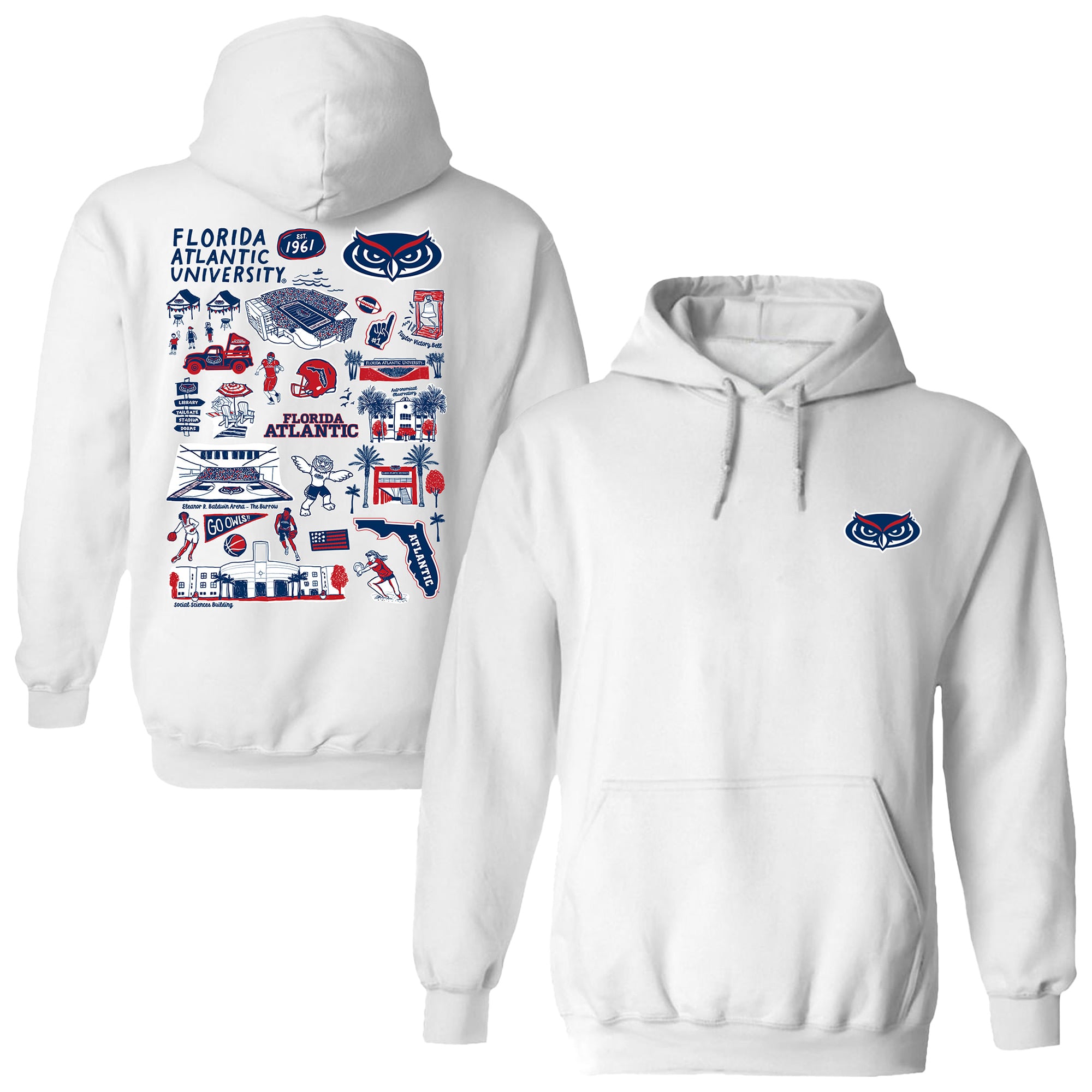 Women's Vive La Fete  White Florida Atlantic Owls Impressions Artwork Pullover Hoodie