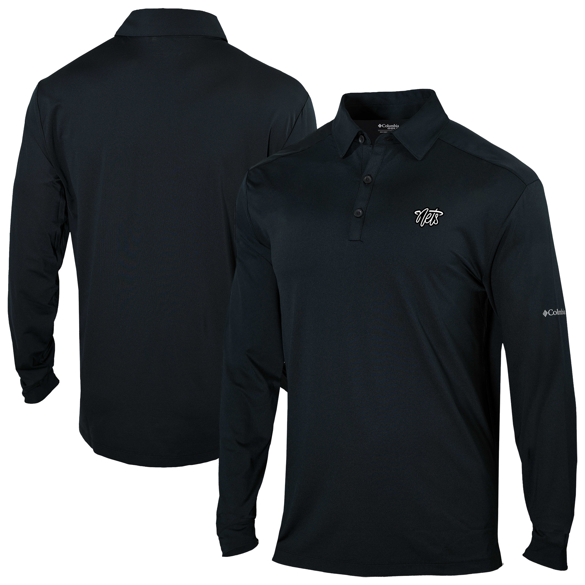 Men's Columbia Black Brooklyn Nets Omni-Wick Pin High Long Sleeve Polo