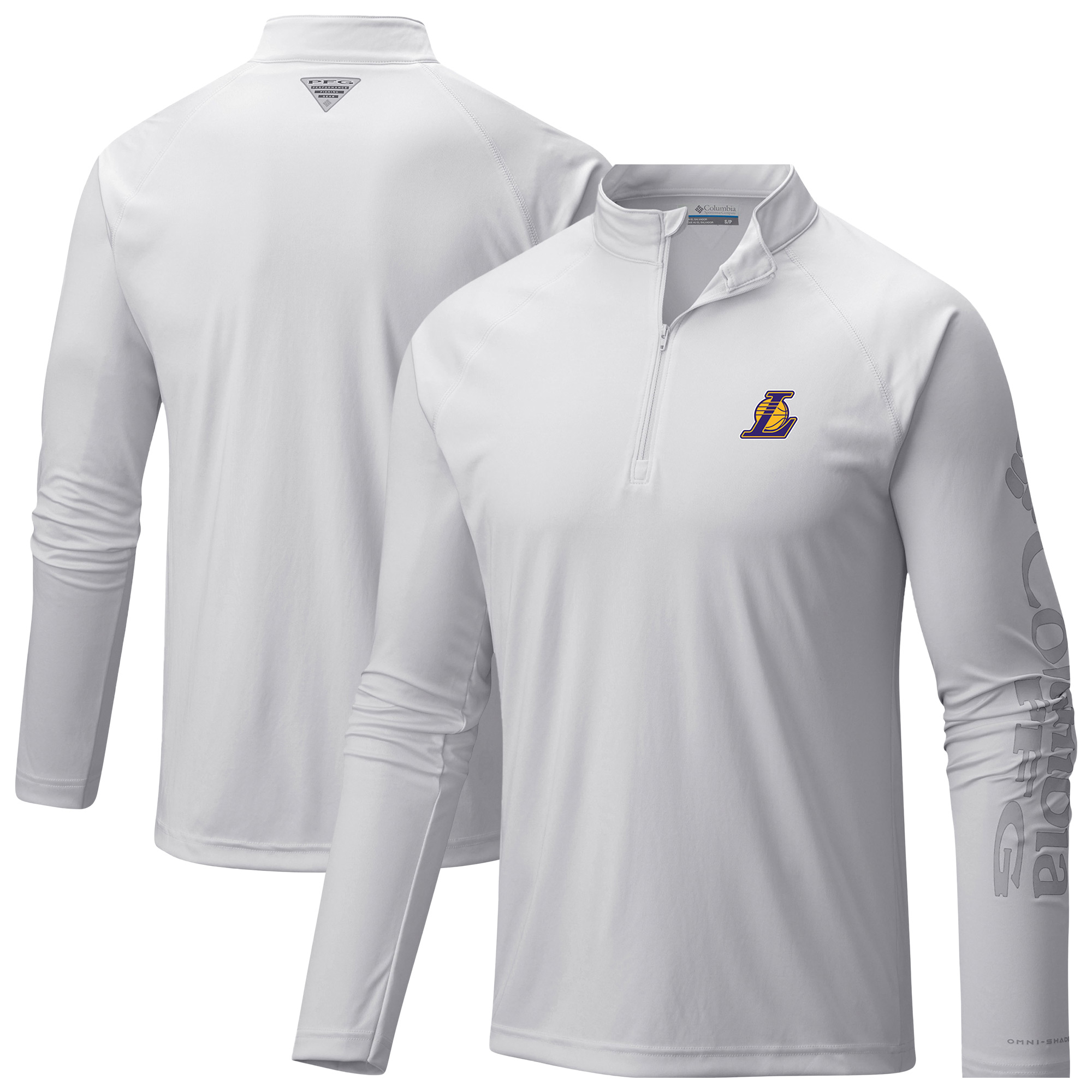 Men's Columbia White Los Angeles Lakers PFG Terminal Tackle Quarter-Zip Top