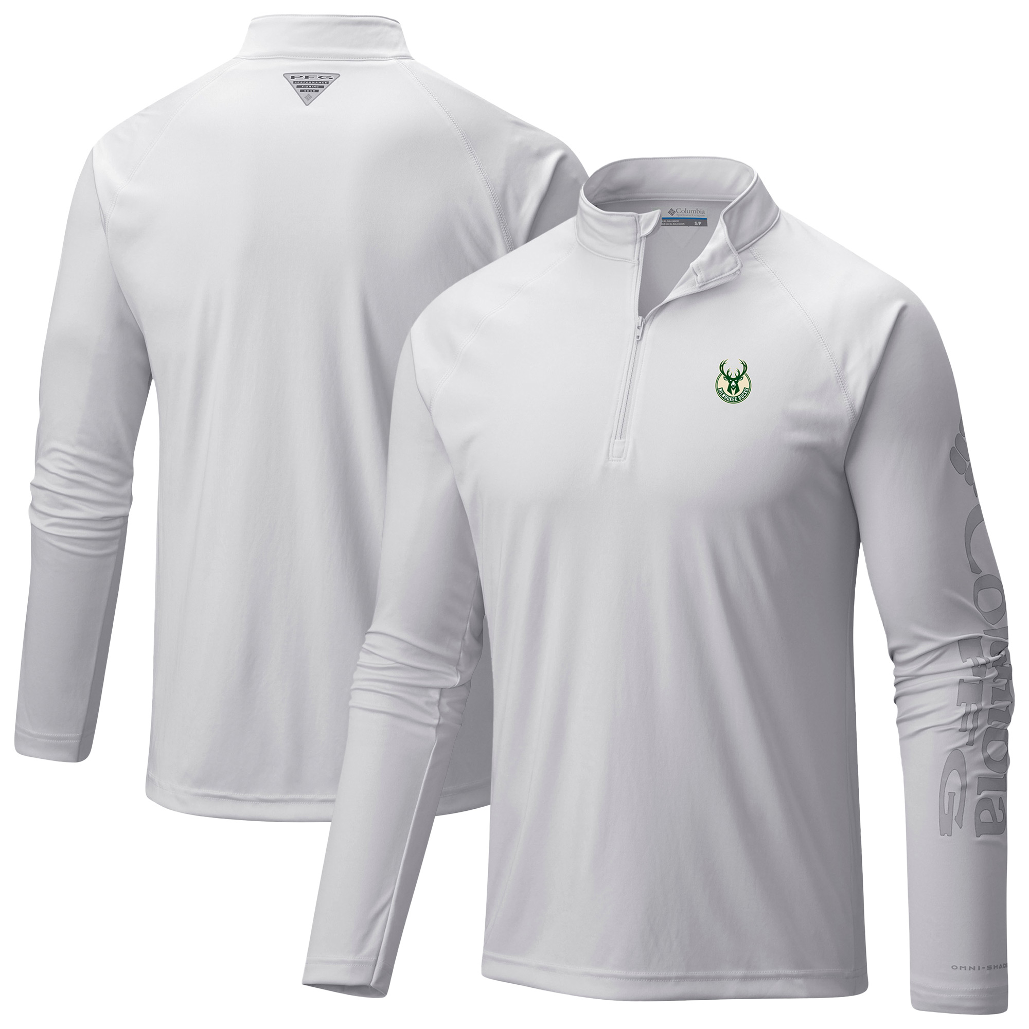 Men's Columbia White Milwaukee Bucks PFG Terminal Tackle Quarter-Zip Top