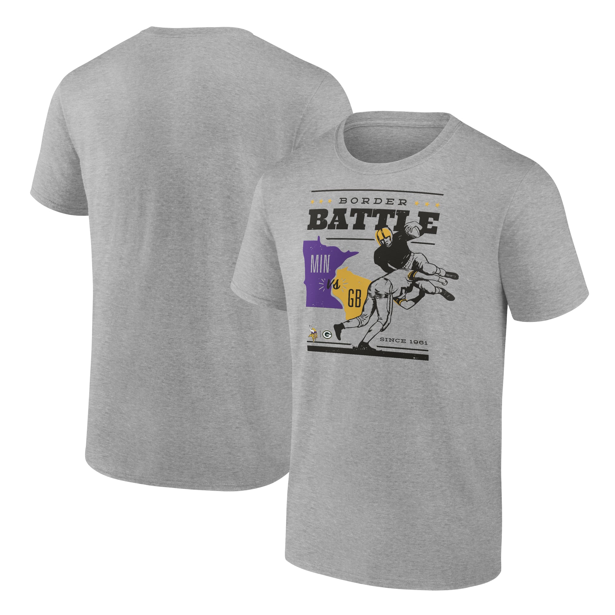 Men’s Heather Gray Minnesota Vikings vs. Green Bay Packers Battle Border T-Shirt Men’s Heather Gray Minnesota Vikings vs. Green Bay Packers Battle Border T-Shirt
