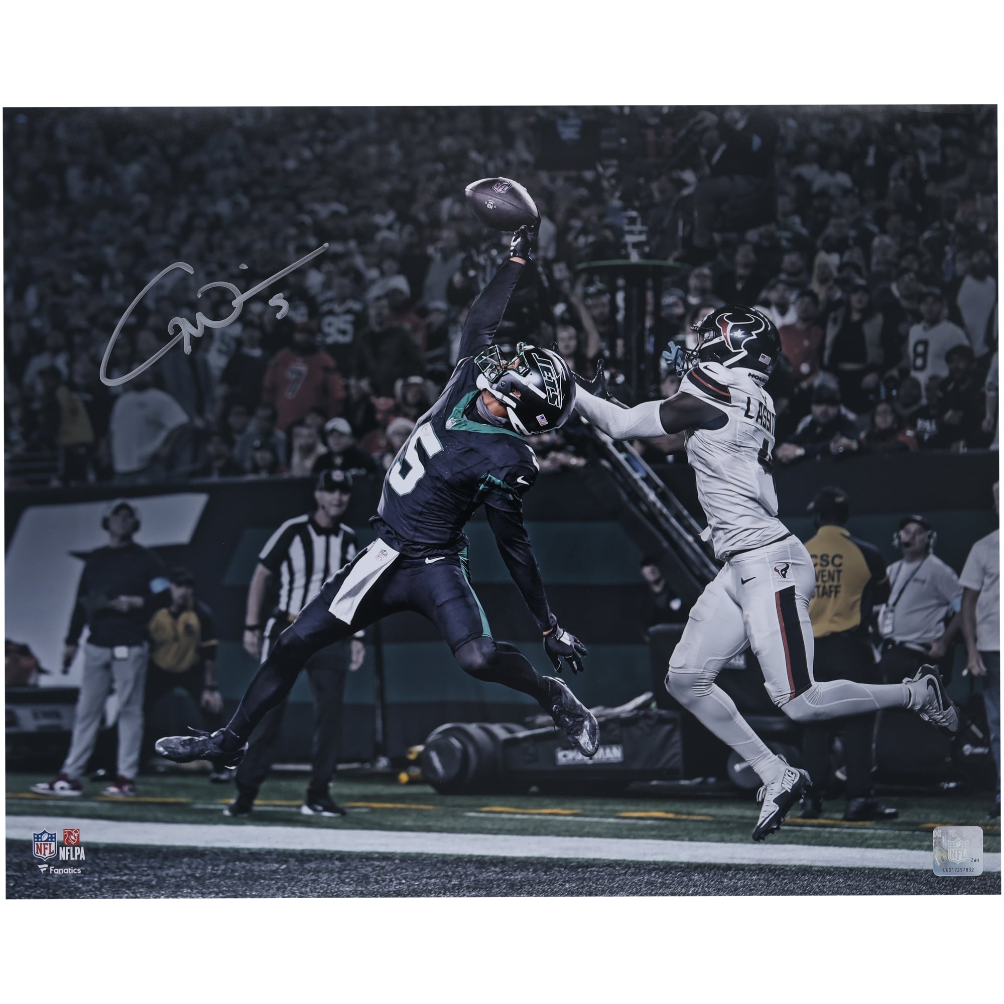 Garrett Wilson New York Jets Autographed 16" x 20" Leaping Touchdown Catch Photograph