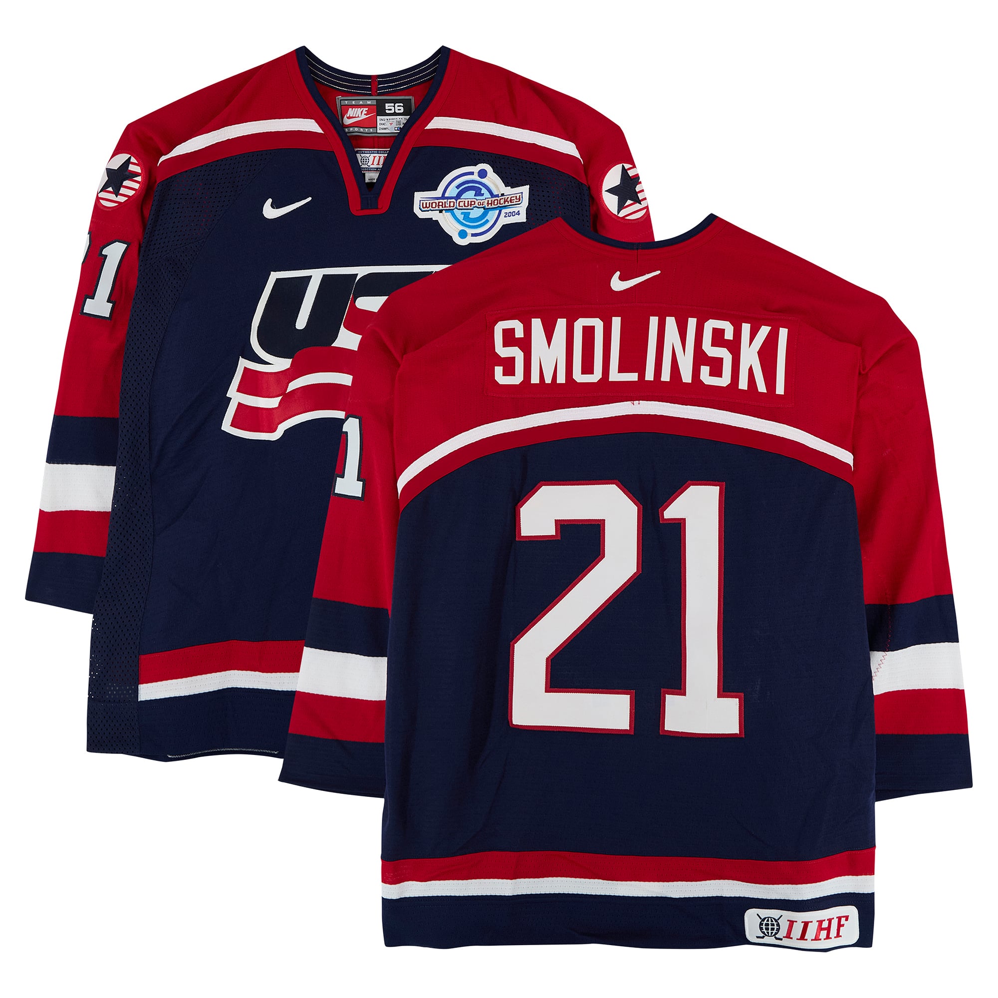 Bryan Smolinski Team USA Game-Used #21 Navy Nike Jersey vs. Team Slovakia on September 3 during the 2004 World Cup of Hockey