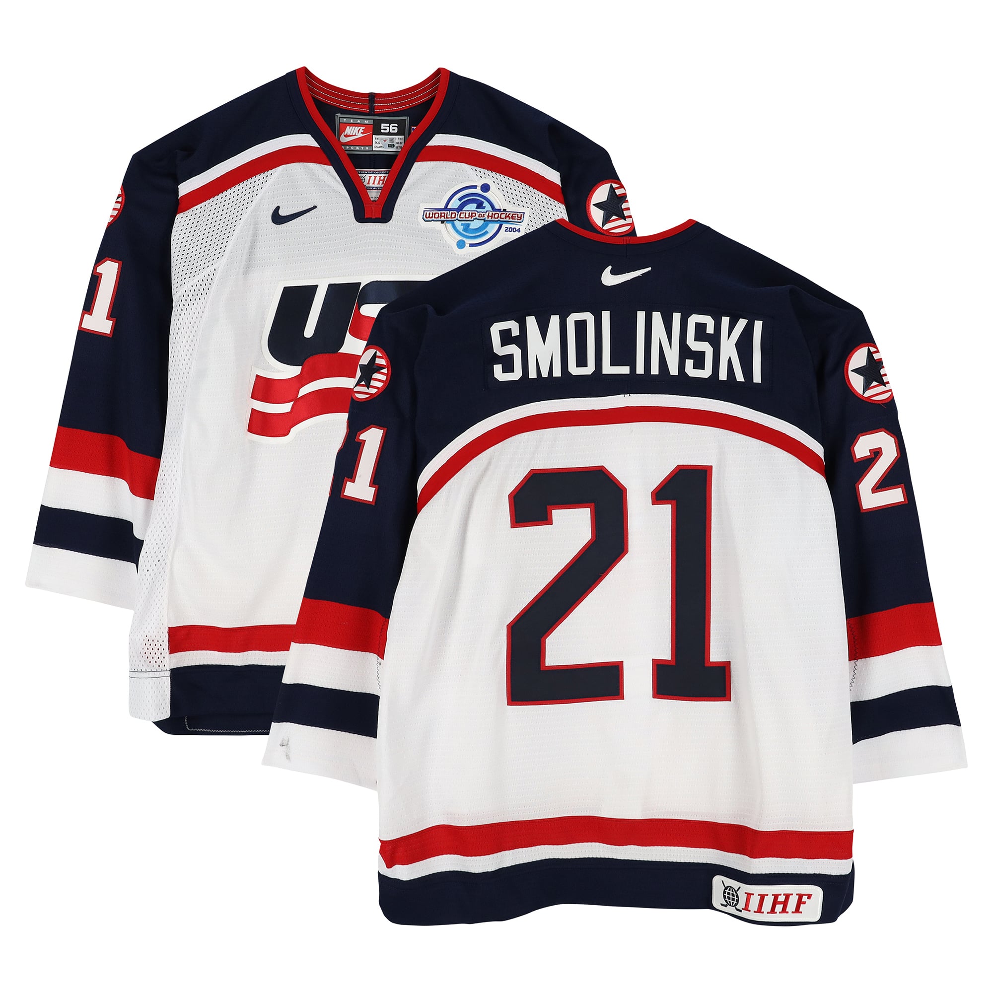 Bryan Smolinski Team USA Game-Used #21 White Nike Jersey from the 2004 World Cup of Hockey