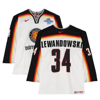 Eduard Lewandowski Team Germany Game-Used #34 White Nike Jersey vs. Team Czech Republic on September 3 during the 2004 World Cup of Hockey