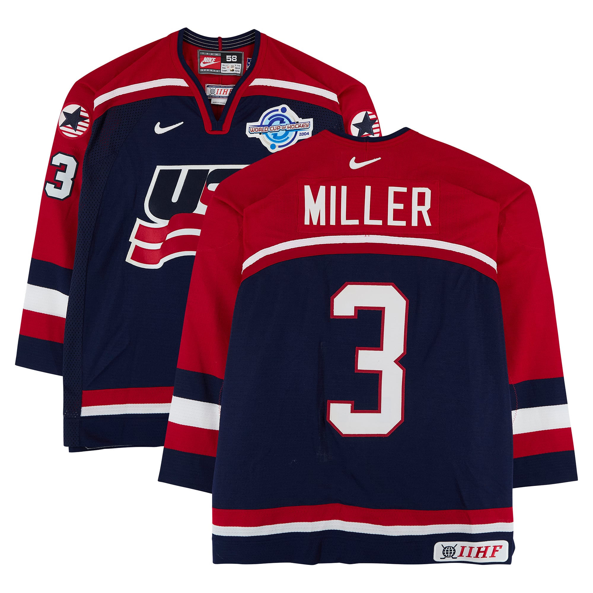 Aaron Miller Team USA Game-Used #3 Navy Nike Jersey vs. Team Slovakia on September 3 during the 2004 World Cup of Hockey