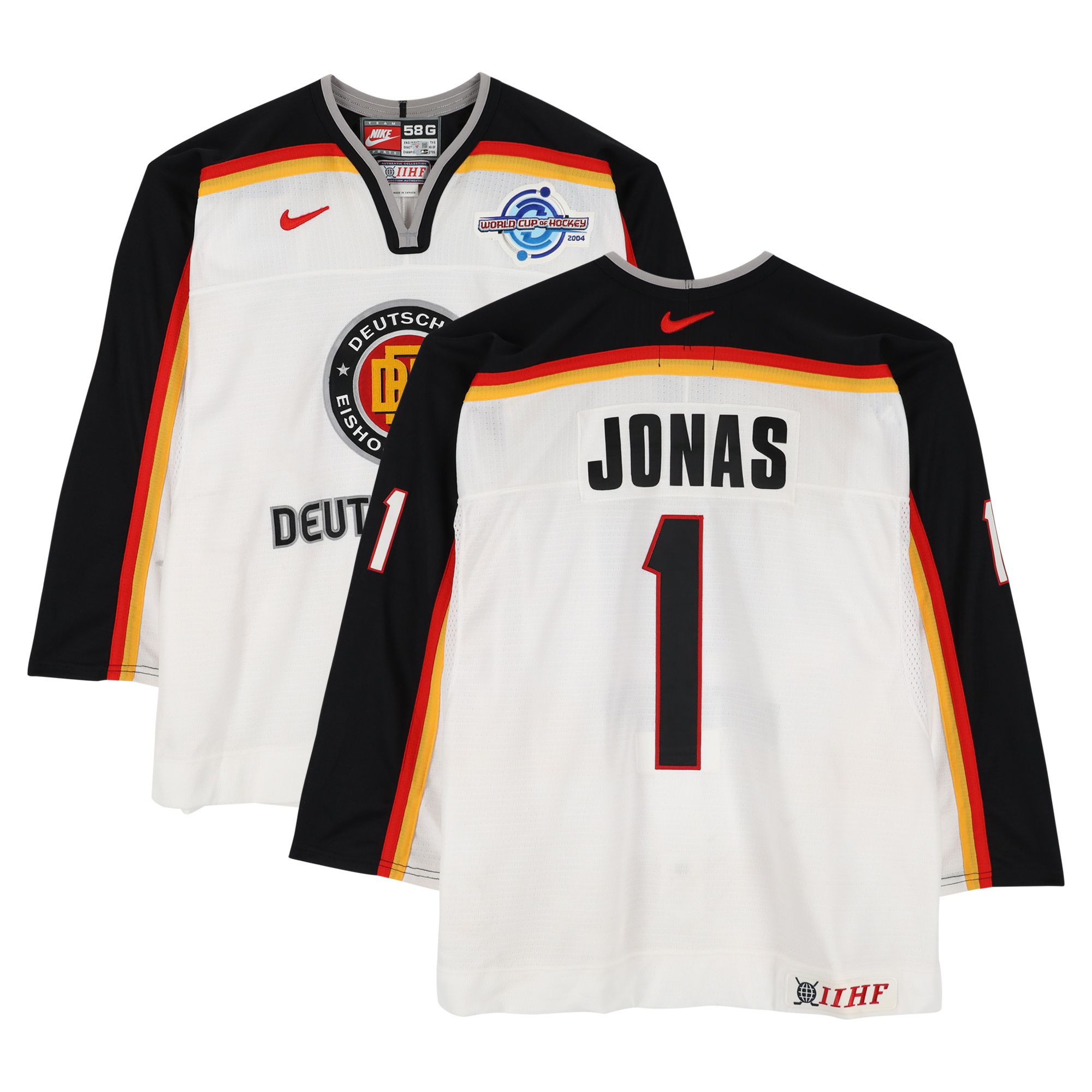 Oliver Jonas Team Germany Game-Used #1 White Nike Jersey vs. Team Czech Republic on September 3 during the 2004 World Cup of Hockey