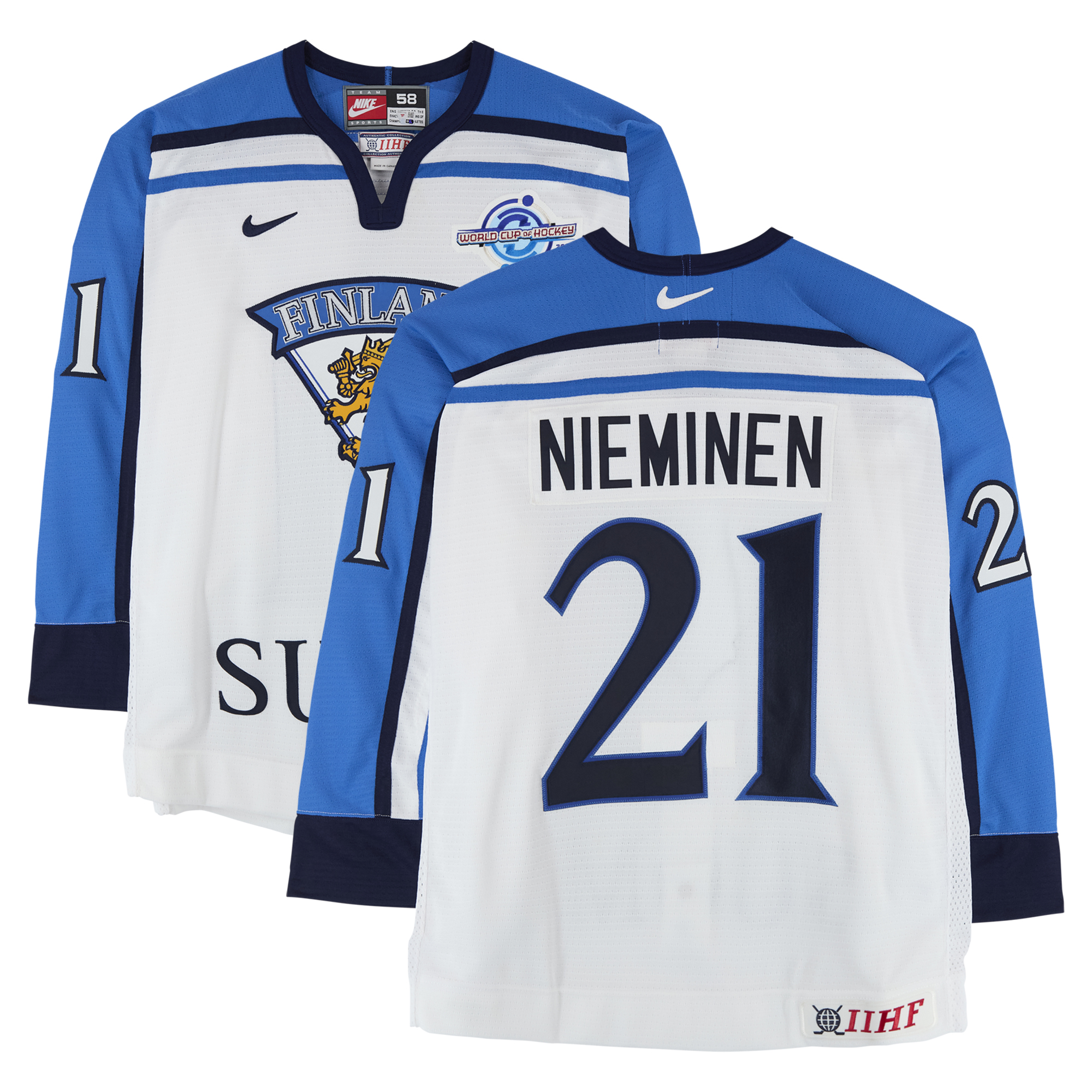 Ville Nieminen Team Finland Game-Used #21 White Nike Jersey from the 2004 World Cup of Hockey Ville Nieminen Team Finland Game-Used #21 White Nike Jersey from the 2004 World Cup of Hockey