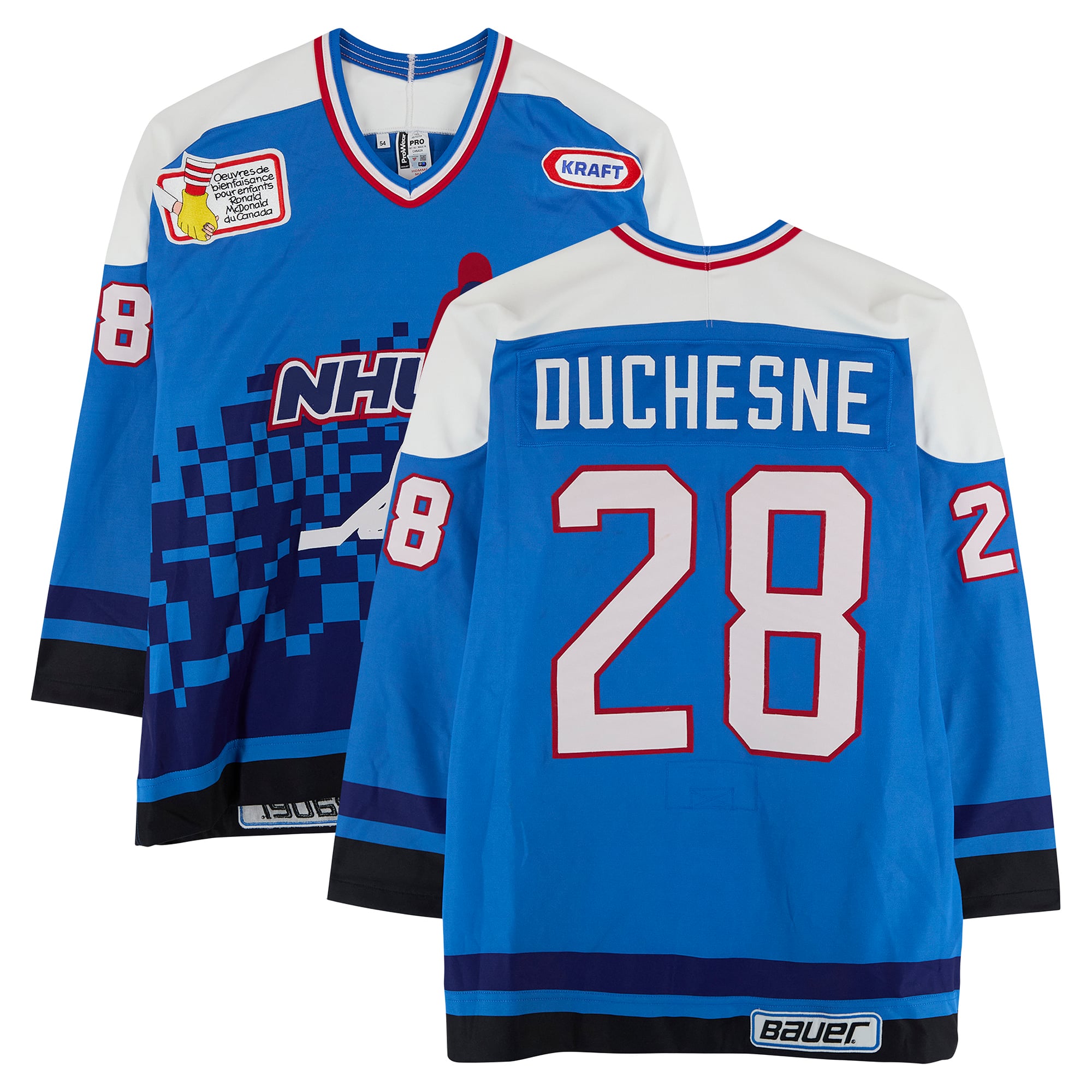Steve Duchesne Team Quebec Game-Used #28 Blue Bauer Jersey from the 1994 NHL 4 on 4 Challenge