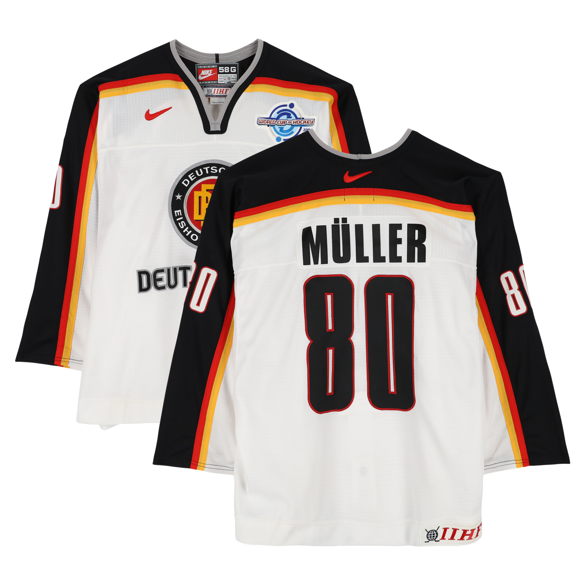Robert Müller Team Germany Game-Used #80 White Nike Jersey vs. Team Czech Republic on September 3 during the 2004 World Cup of Hockey