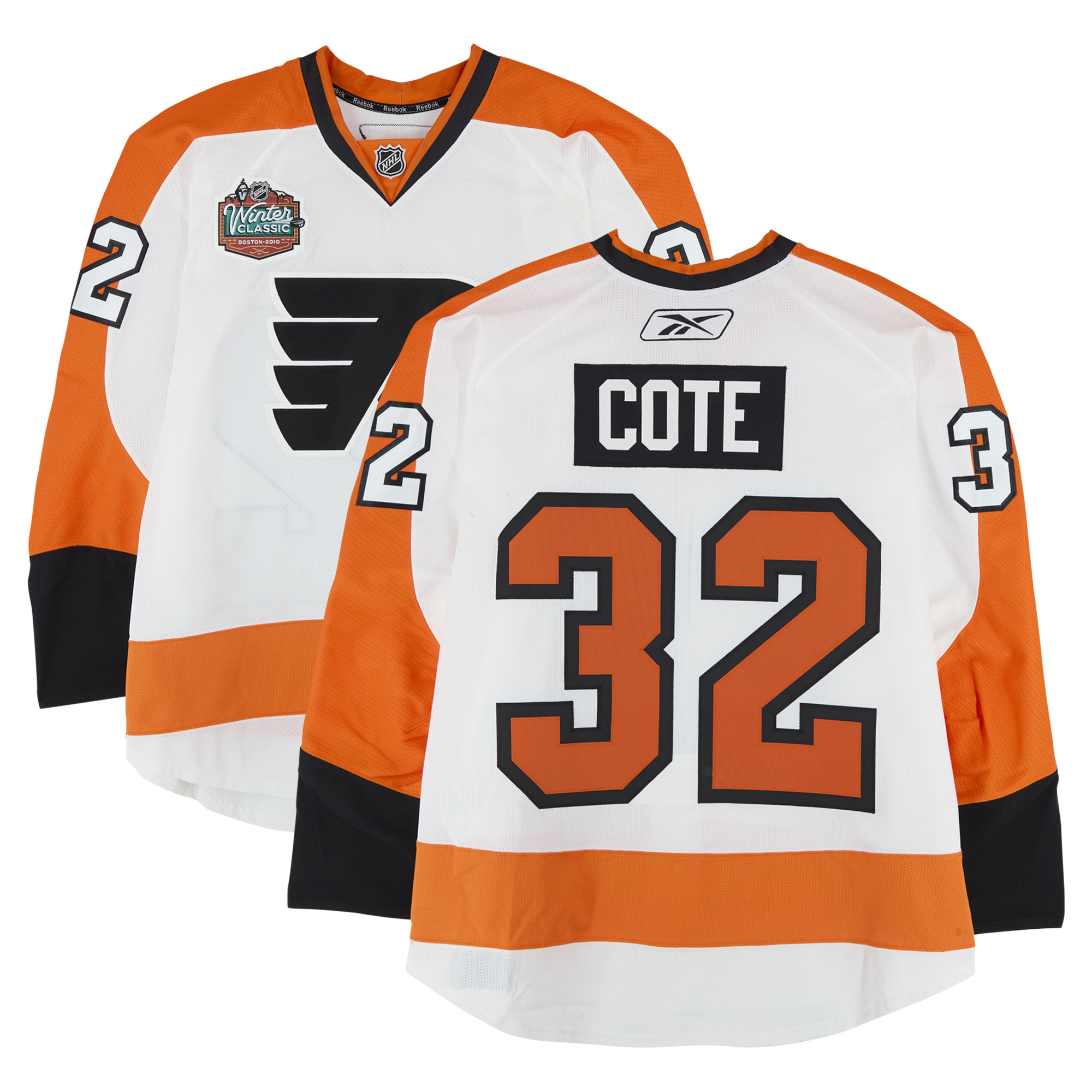 Riley Cote Philadelphia Flyers Practice-Used #32 White Jersey vs. Boston Bruins on January 1, 2010