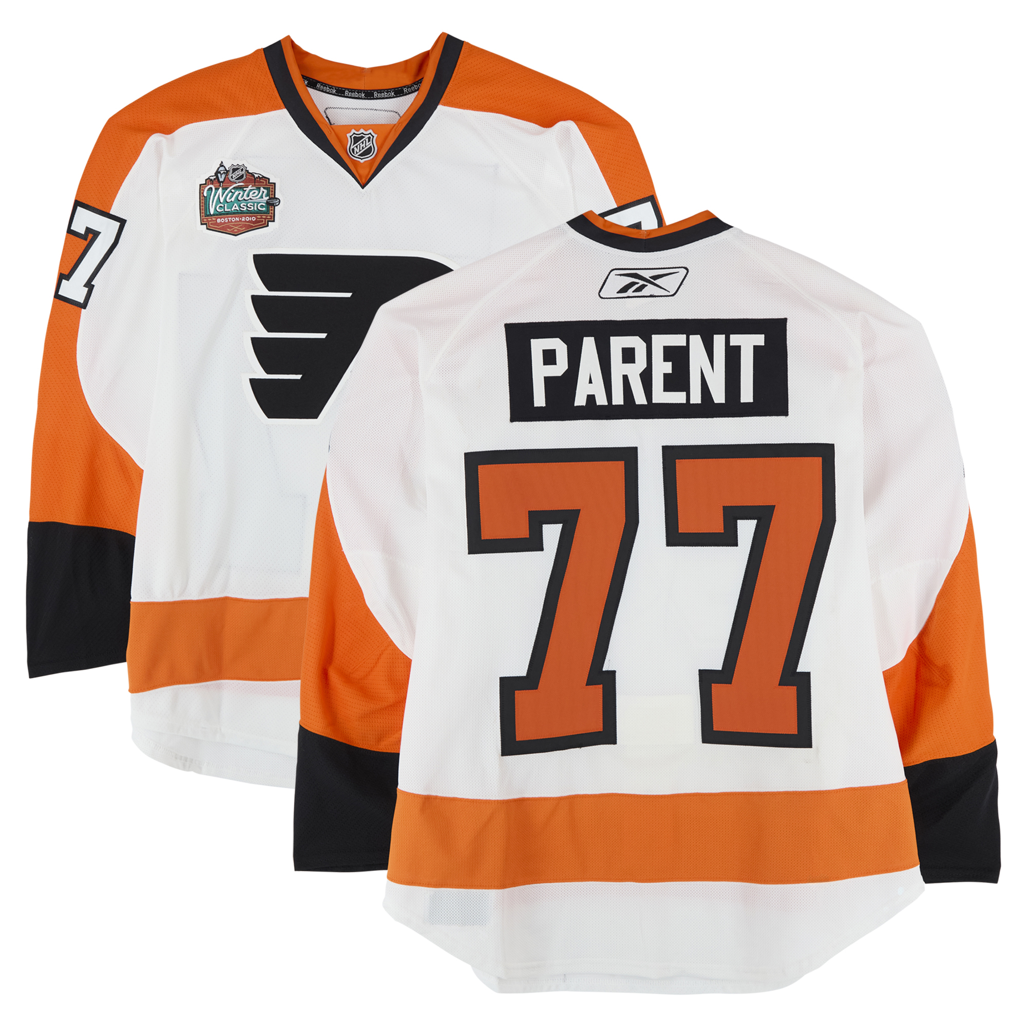 Ryan Parent Philadelphia Flyers Practice-Used #77 White Jersey vs. Boston Bruins on January 1, 2010