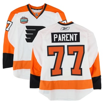 Ryan Parent Philadelphia Flyers Practice-Used #77 White Jersey vs. Boston Bruins on January 1, 2010