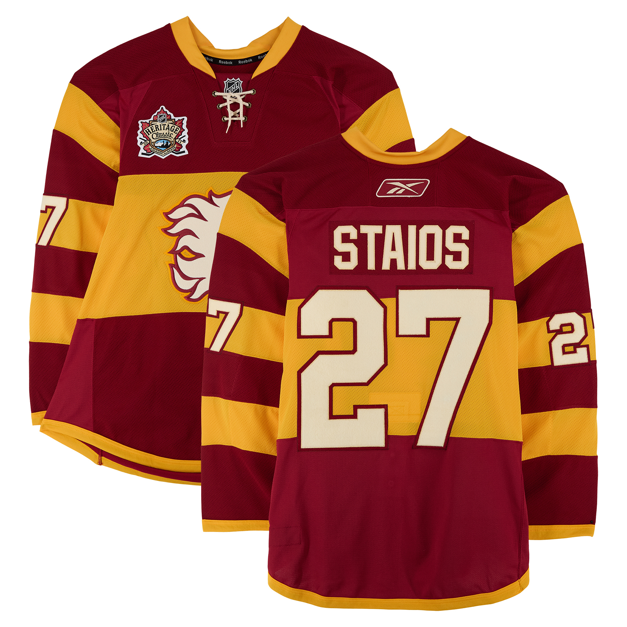Steve Staios Calgary Flames Practice-Used #27 Yellow Jersey vs. Montreal Canadiens on February 20, 2011